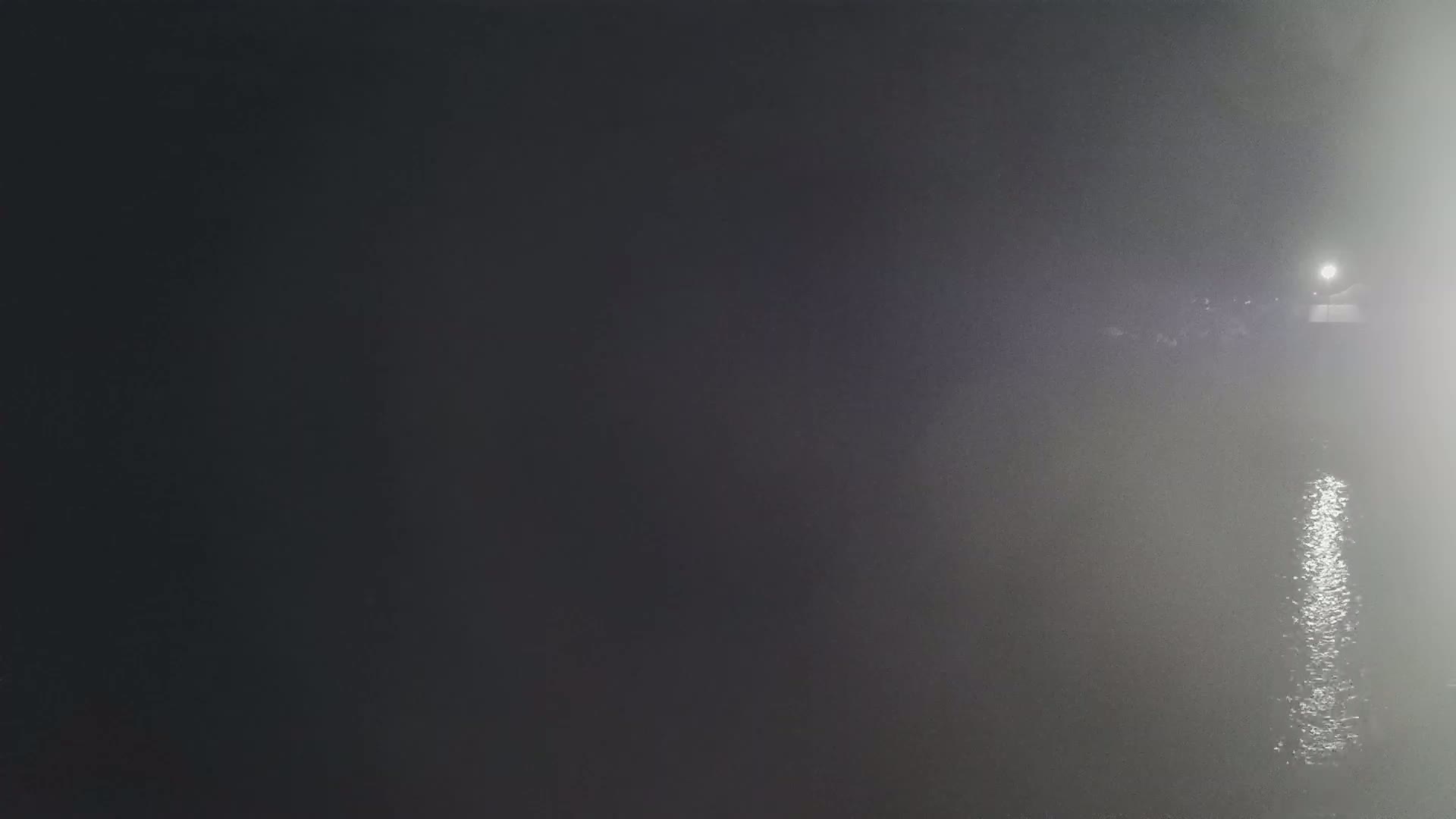 A dimly lit body of water is shrouded in fog at night, with a single light source visible in the distance.