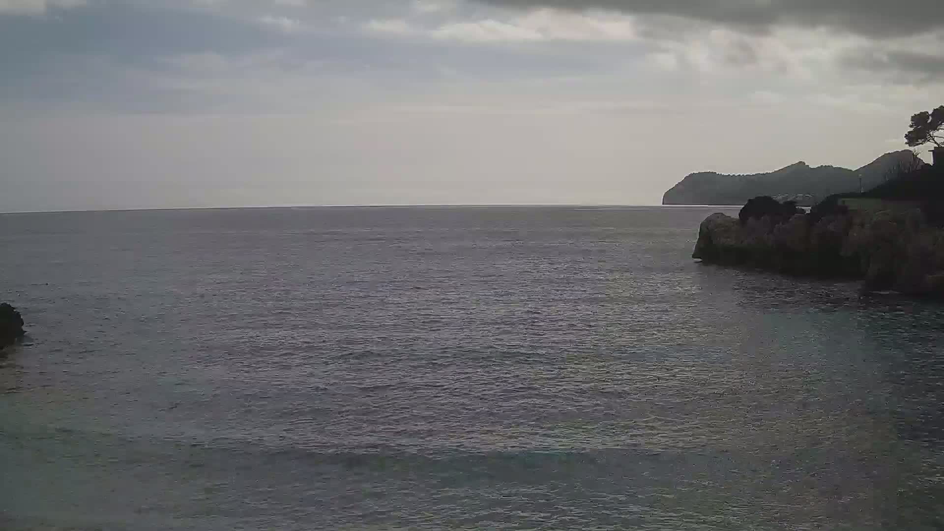 A calm, gray sea stretches to a distant, hazy coastline under a cloudy sky, with dark rocky cliffs and a lone tree visible in the foreground.