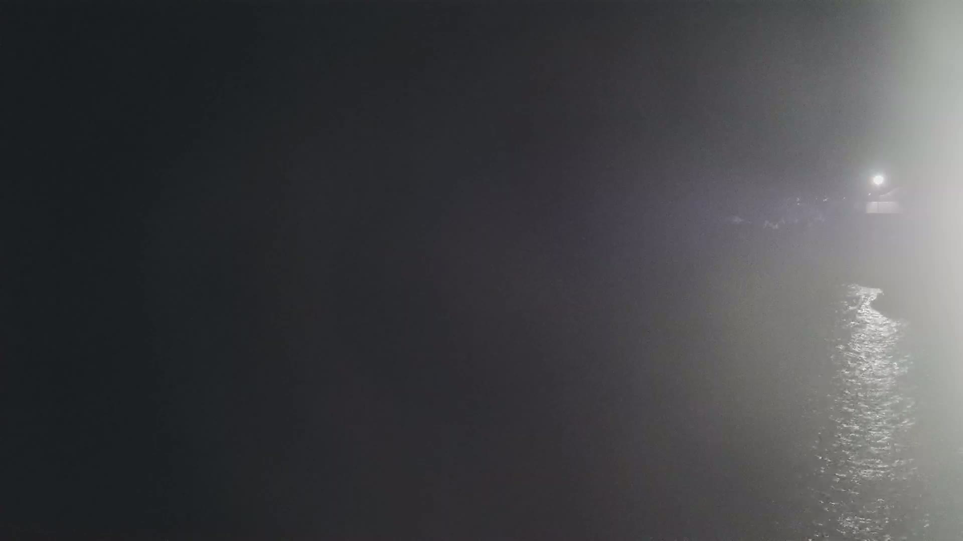 A dimly lit body of water is seen at night in foggy conditions, with a light source visible in the distance.