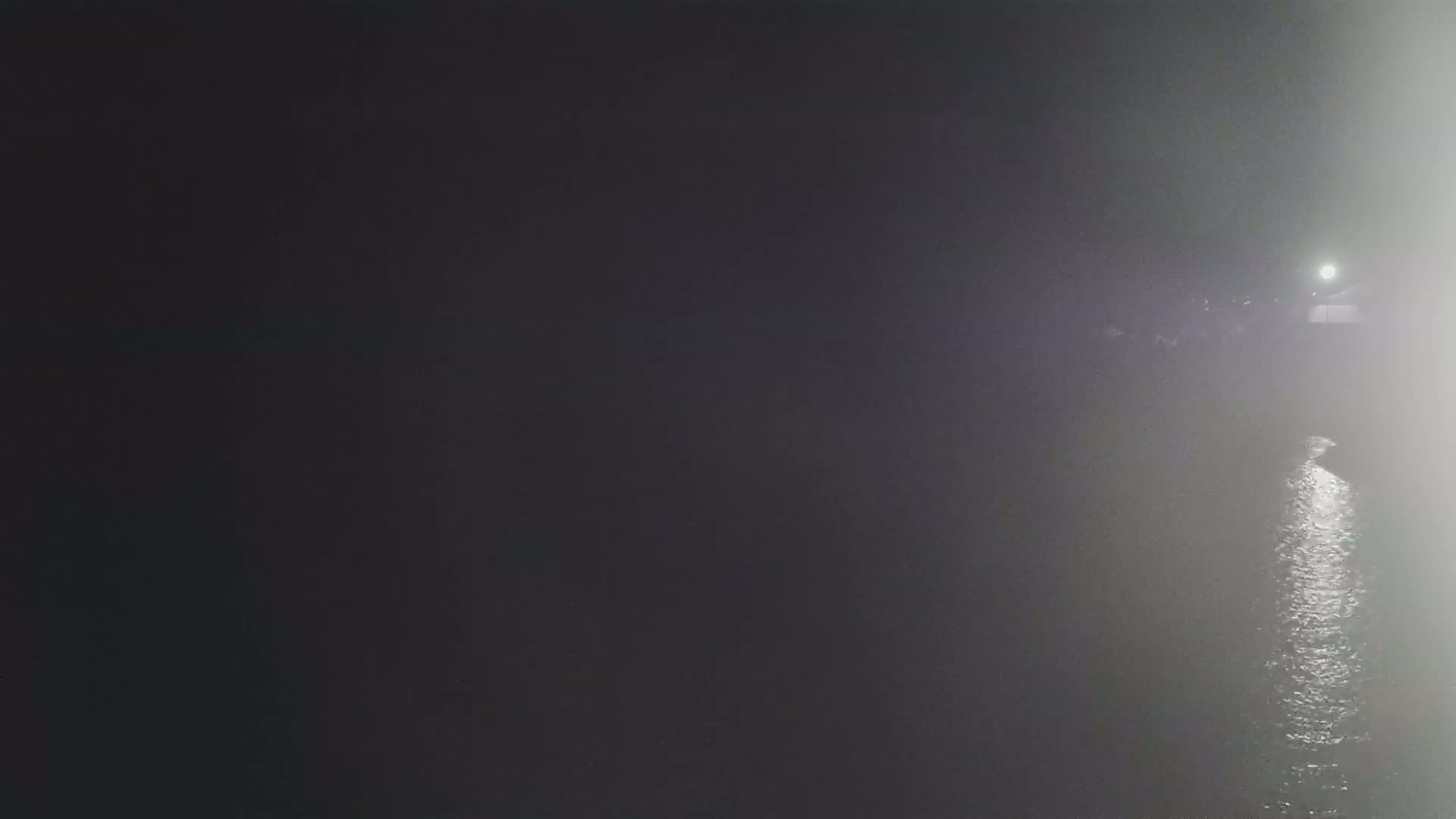 A body of water is visible in the fog at night, with a light source in the distance.