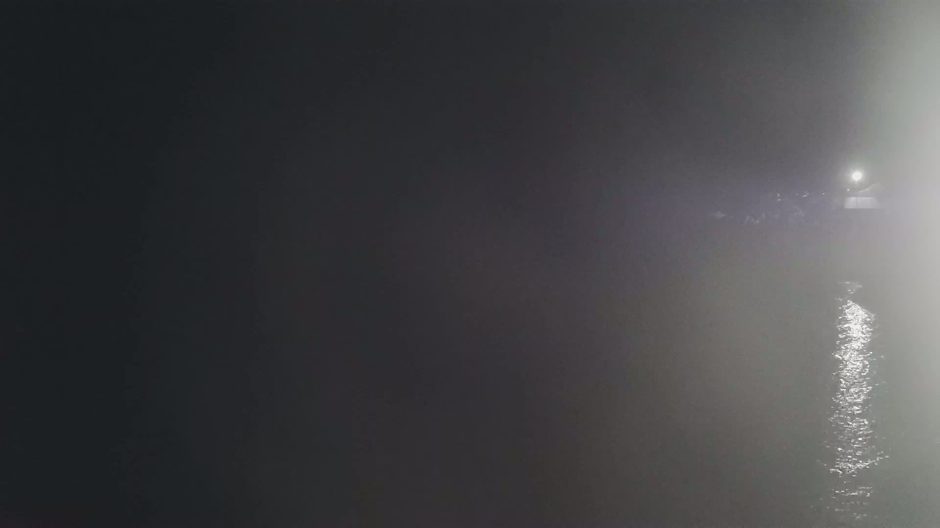 A dimly lit body of water is visible through a thick fog at night, with a light source in the distance.