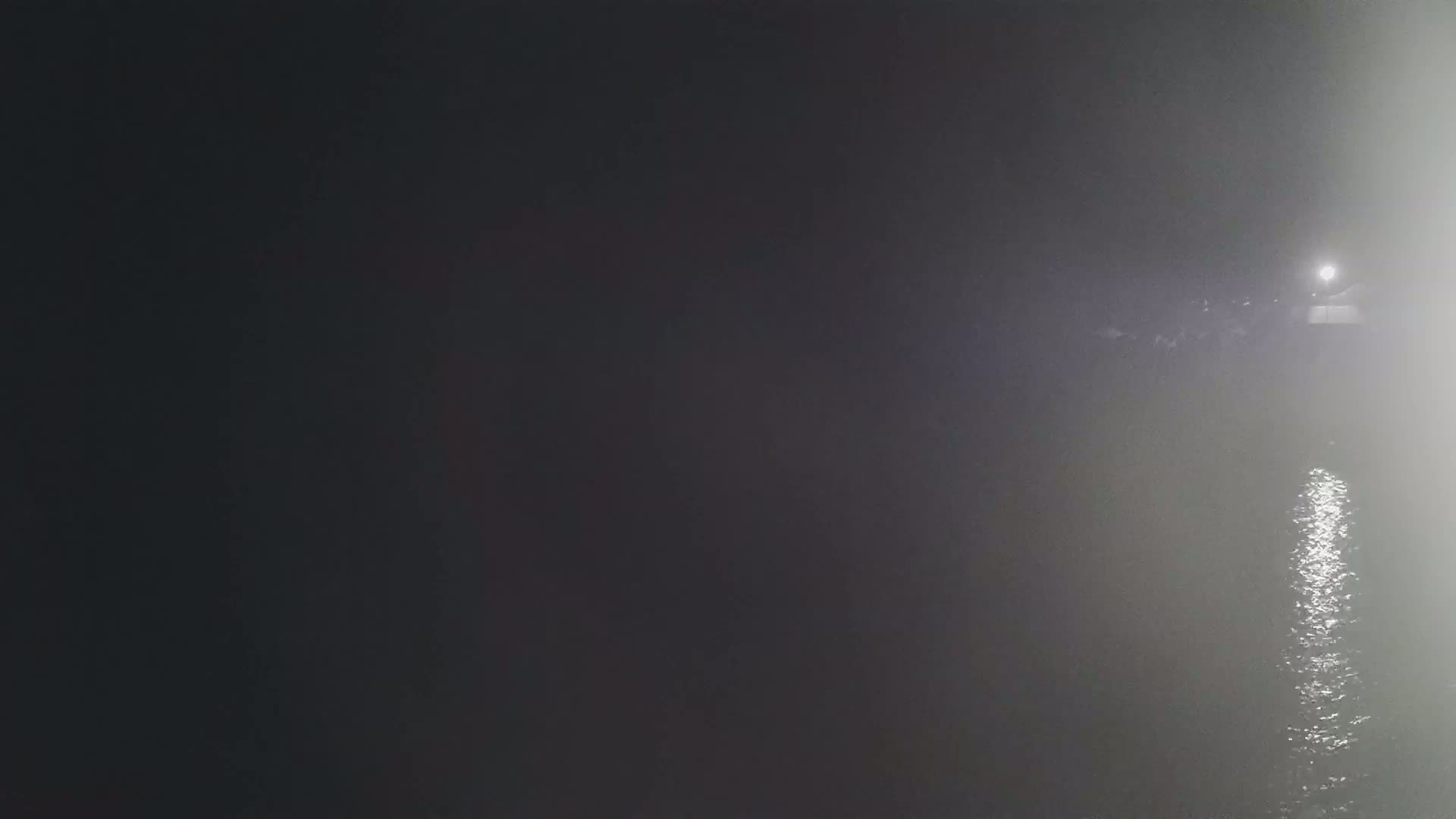 A dimly lit body of water is visible in the foggy night, with a light source in the distance.