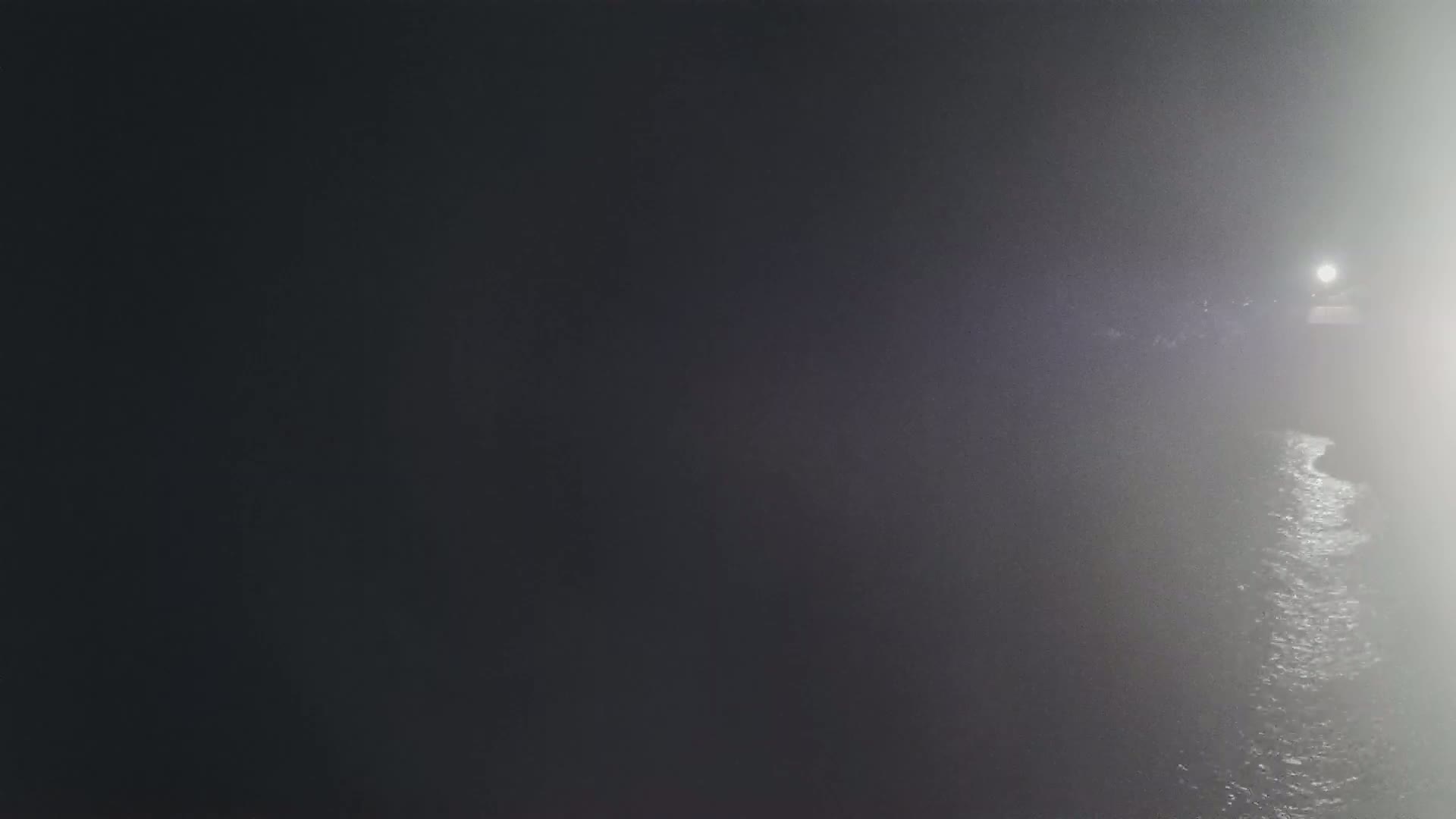 A dimly lit body of water is visible at night through a dense fog, with a light source in the distance.