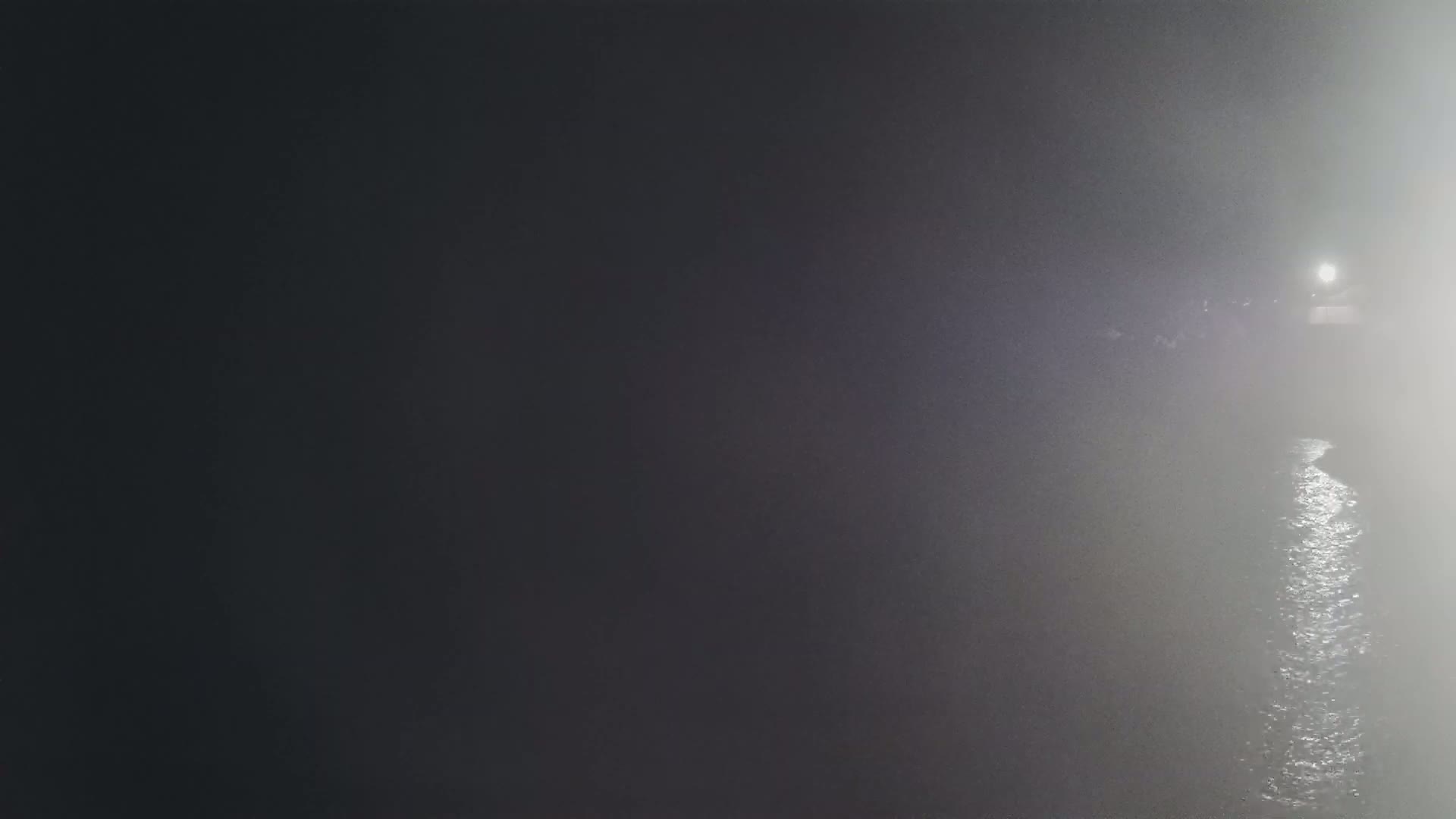 A dimly lit body of water is visible through a thick fog at night.