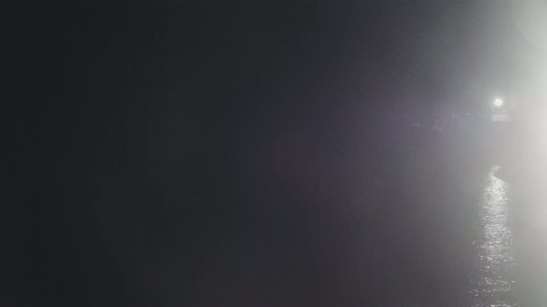 A dimly lit body of water is visible at night, shrouded in fog, with a light source in the distance.