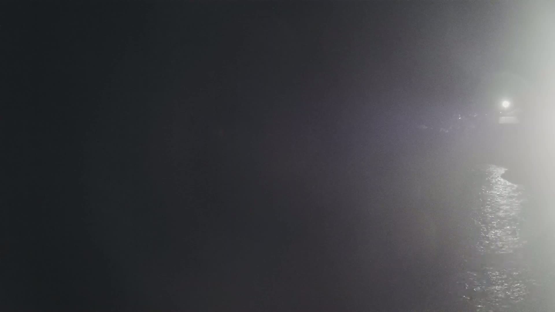 A dimly lit body of water is seen in the fog at night.