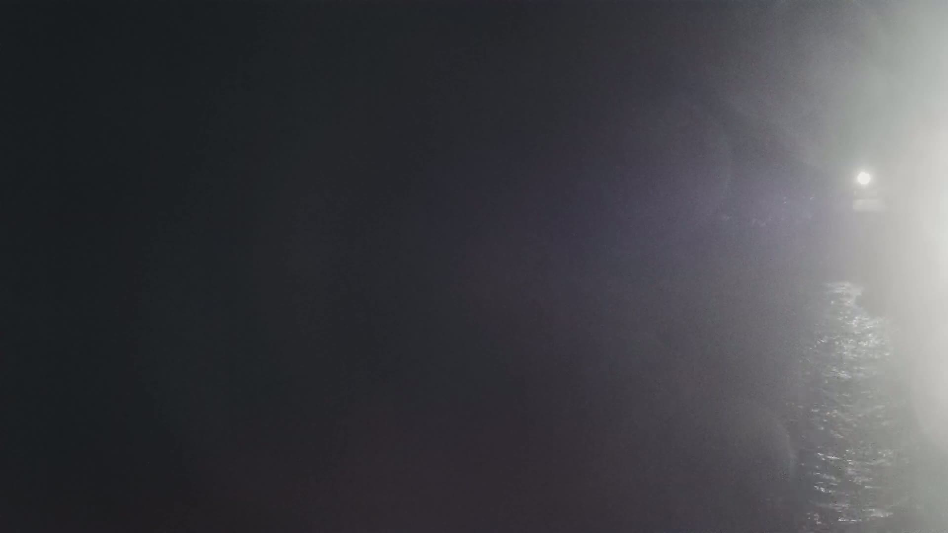 A dimly lit, foggy scene shows a bright light in the distance.