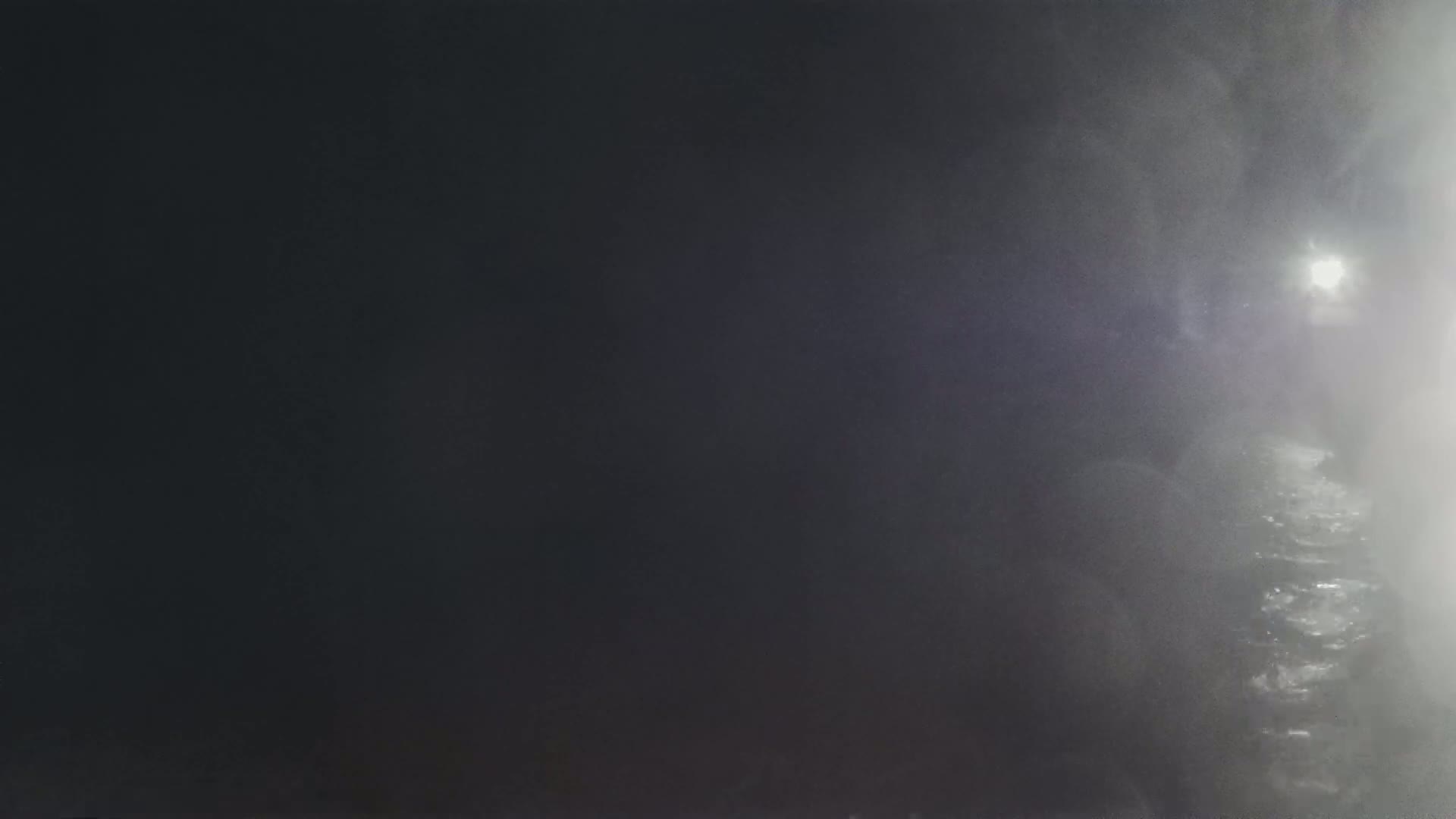 A dimly lit, foggy scene shows a dark path or body of water in the distance.