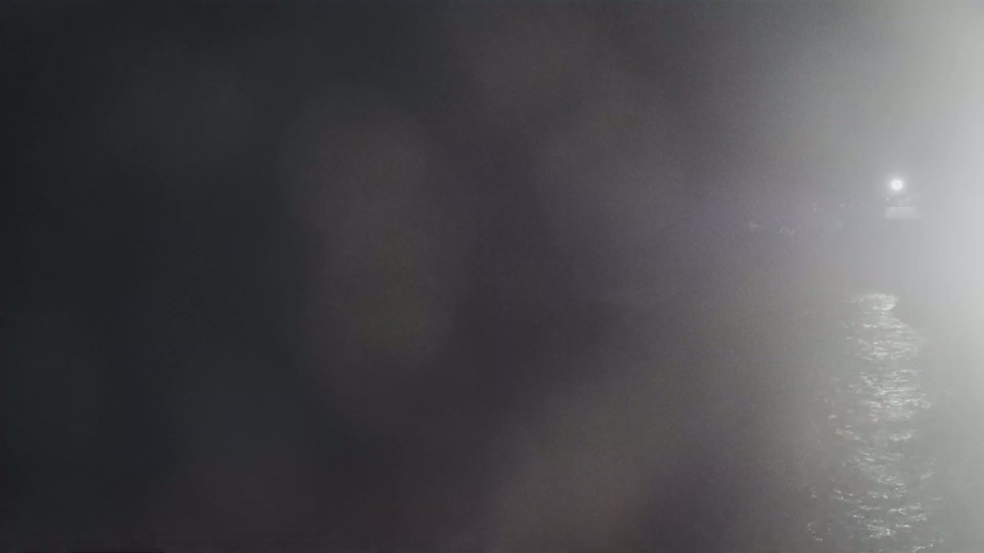 A dimly lit body of water is seen through a dense fog at night.