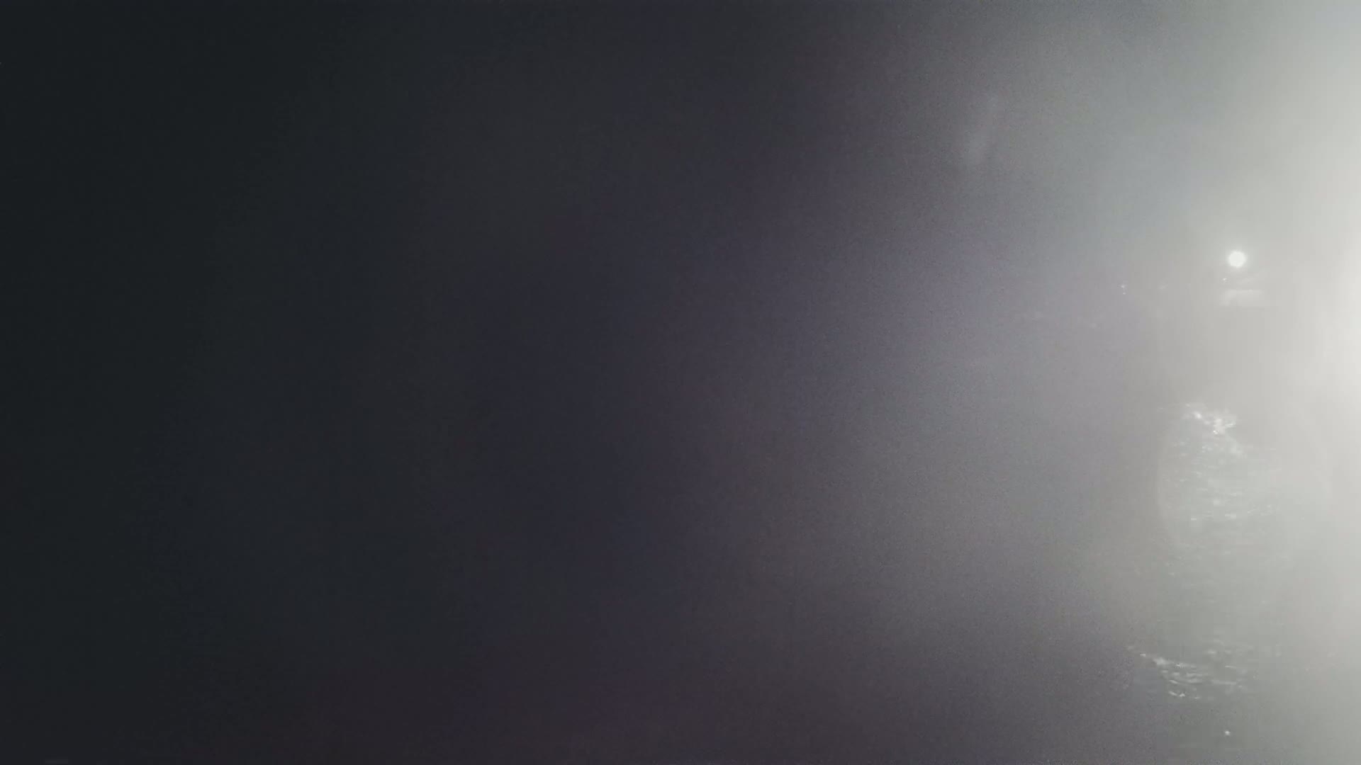 A dimly lit, foggy scene is visible, with a brighter area in the distance.