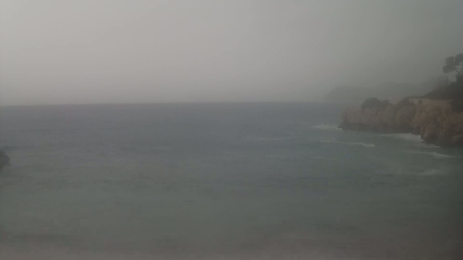 A hazy, overcast day shows a choppy sea meeting a rocky coastline with sparse vegetation.
