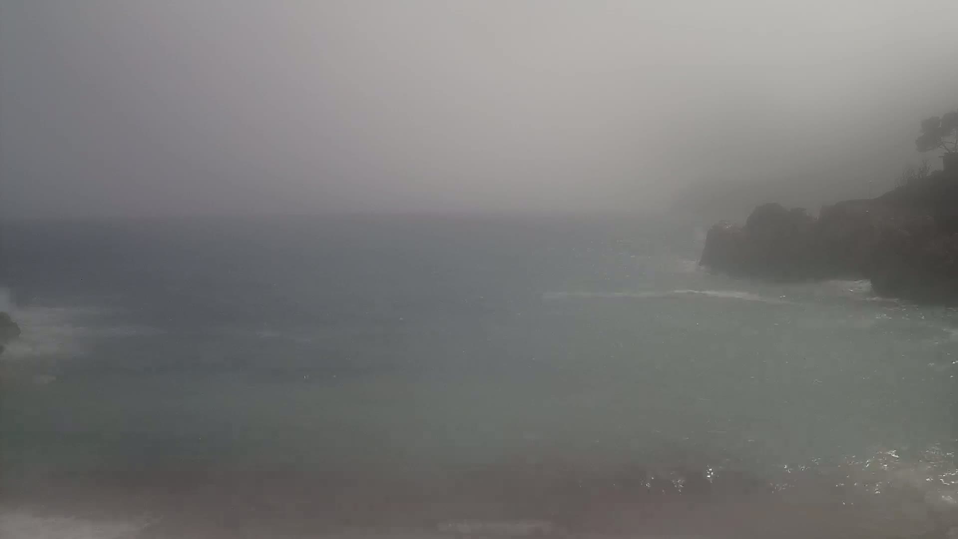 A foggy, overcast day shows a dark-colored, rocky coastline meeting a somewhat choppy sea.