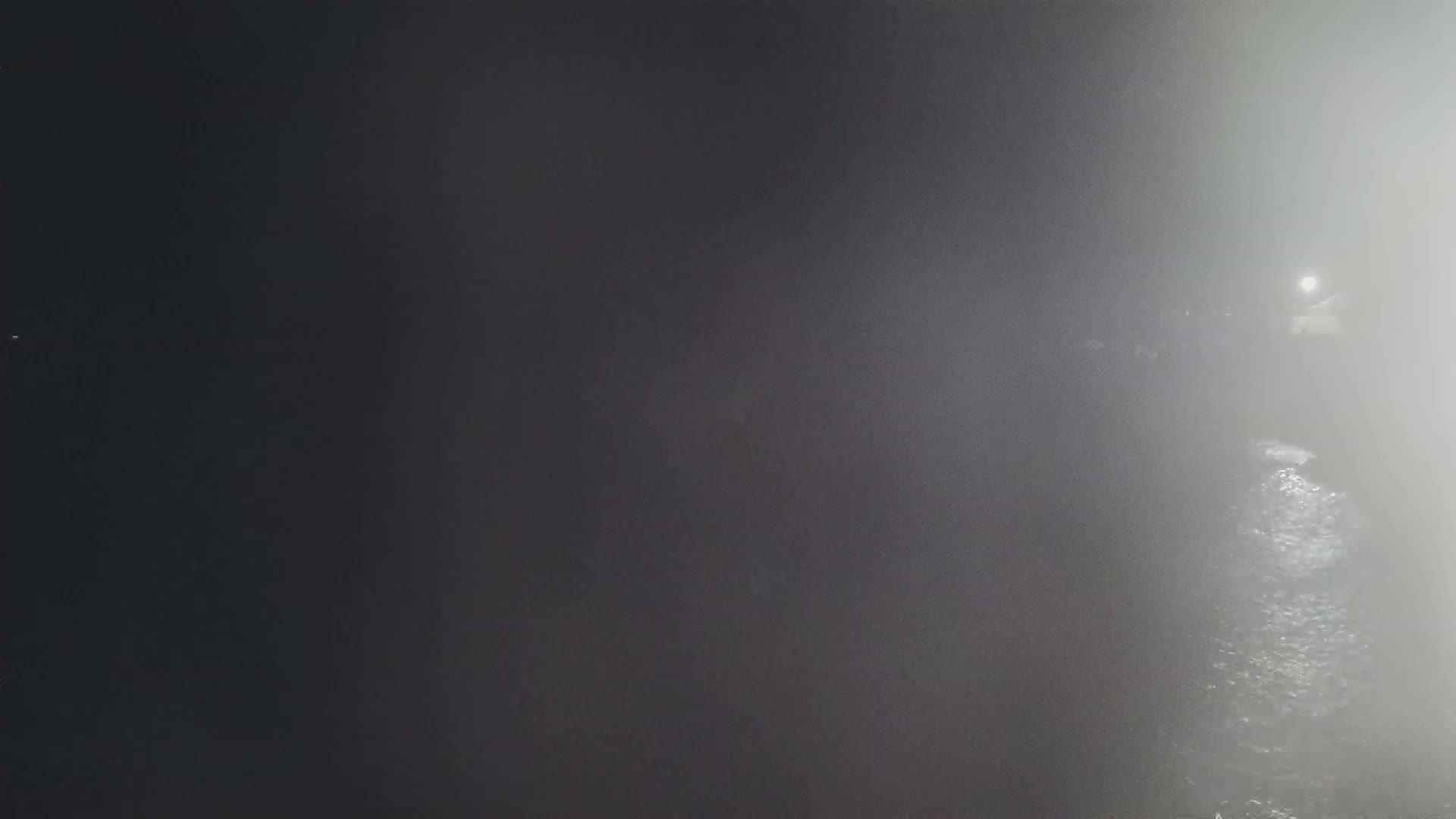 A dimly lit, foggy scene shows a dark, wet ground extending into a hazy distance with a faint light source visible in the far right.