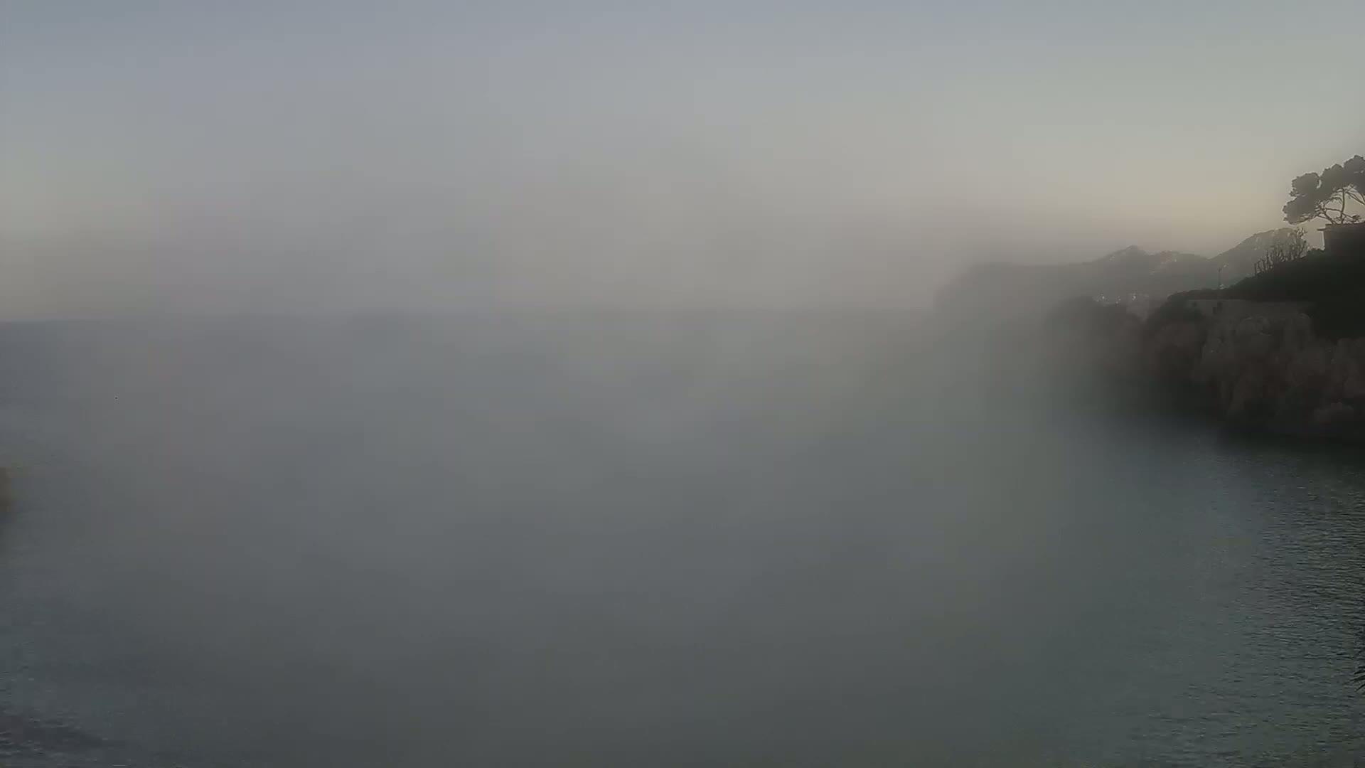 A foggy coastal scene shows dark, rocky cliffs partially obscured by fog over a calm body of water.
