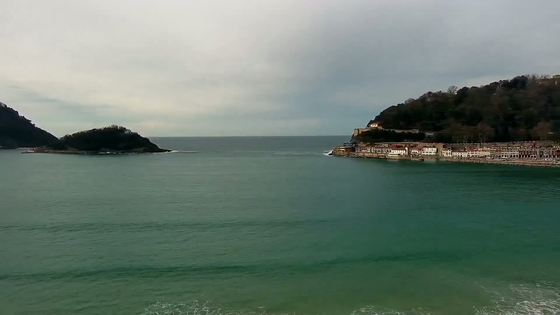 A tranquil, green-hued ocean separates a small, tree-covered island from a coastline featuring buildings nestled against a larger, wooded hill under an overcast sky.