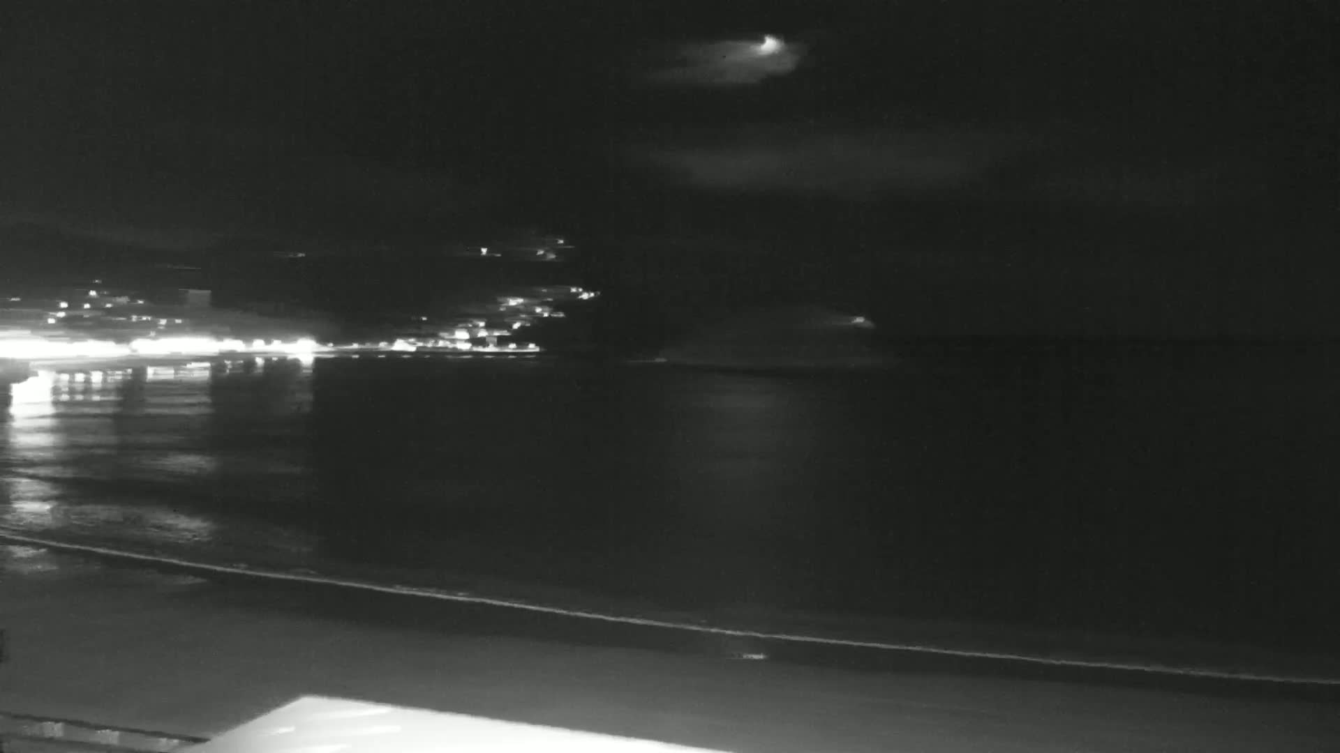 A nighttime view of a calm body of water reflecting the lights of a town on the opposite shore under a partly cloudy sky.