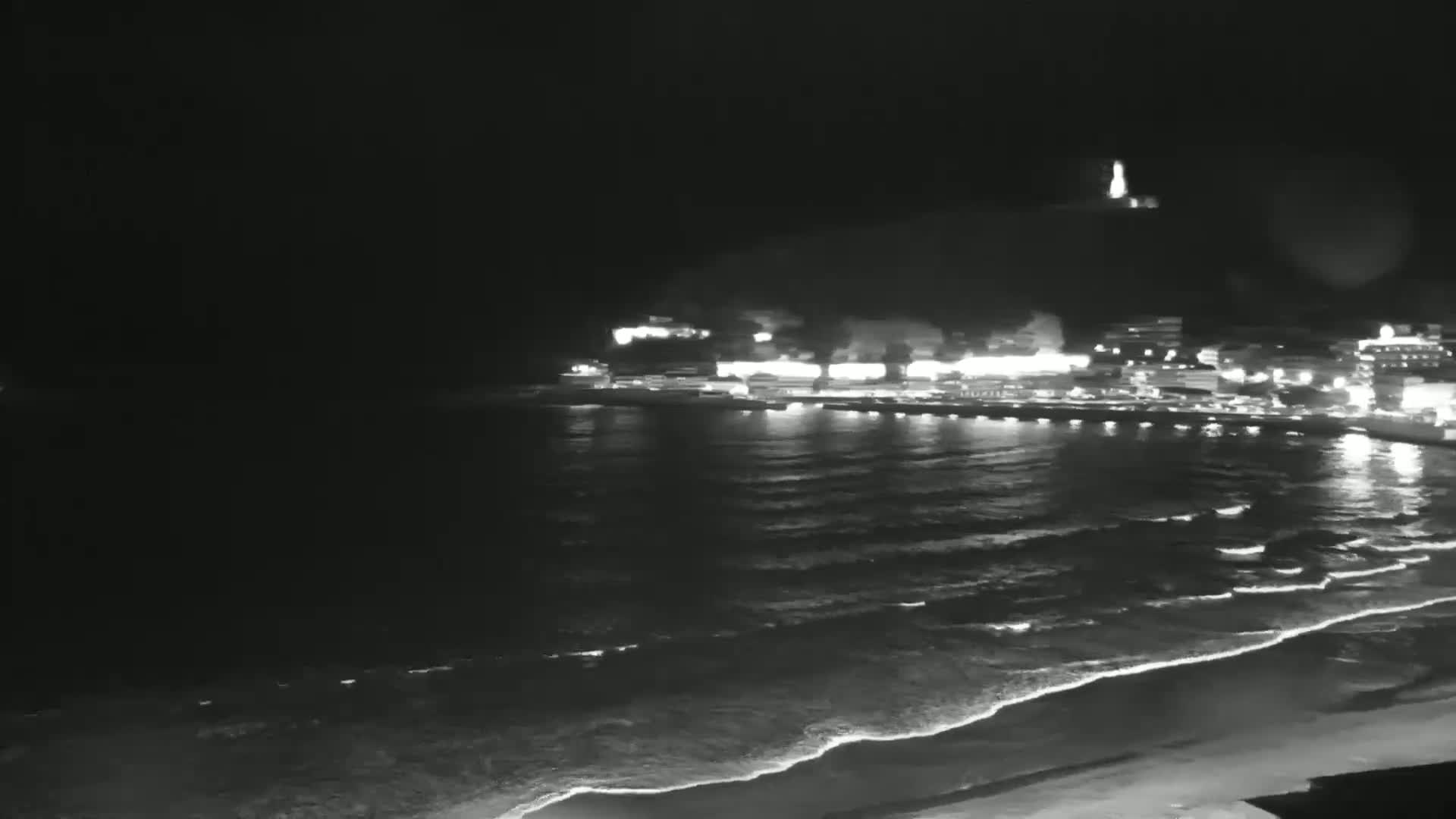 A nighttime coastal scene shows gently rolling waves lapping a dark beach, with a town's lights illuminating the shoreline and a hill in the background.