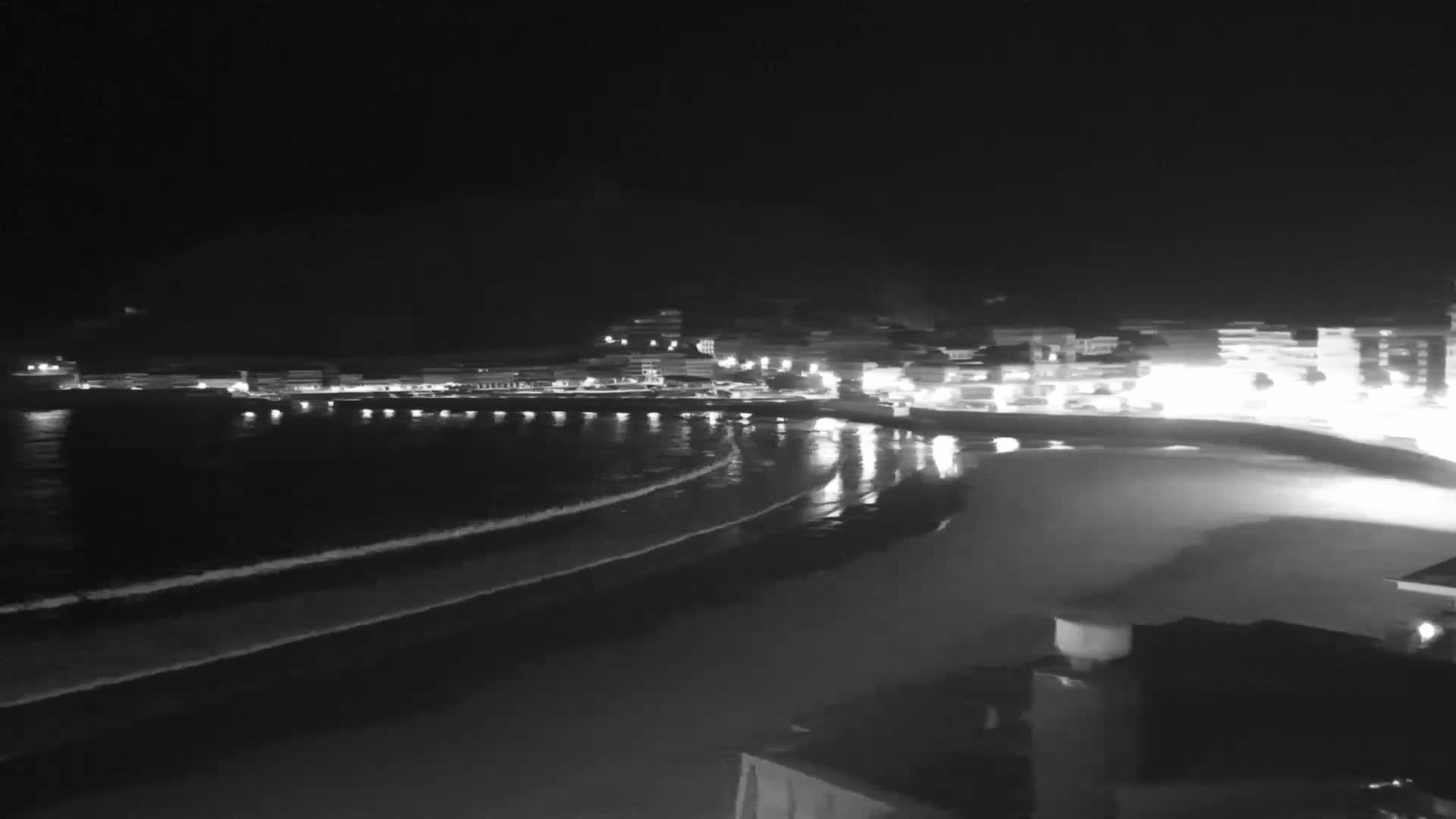 A nighttime, black-and-white view of a coastal town with its lights illuminating a dark beach and gently lapping waves.