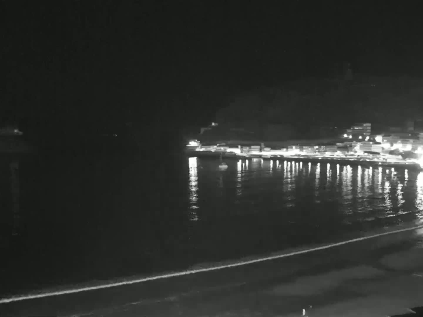 A dark nighttime beach scene shows a calm ocean reflecting lights from buildings across the water.