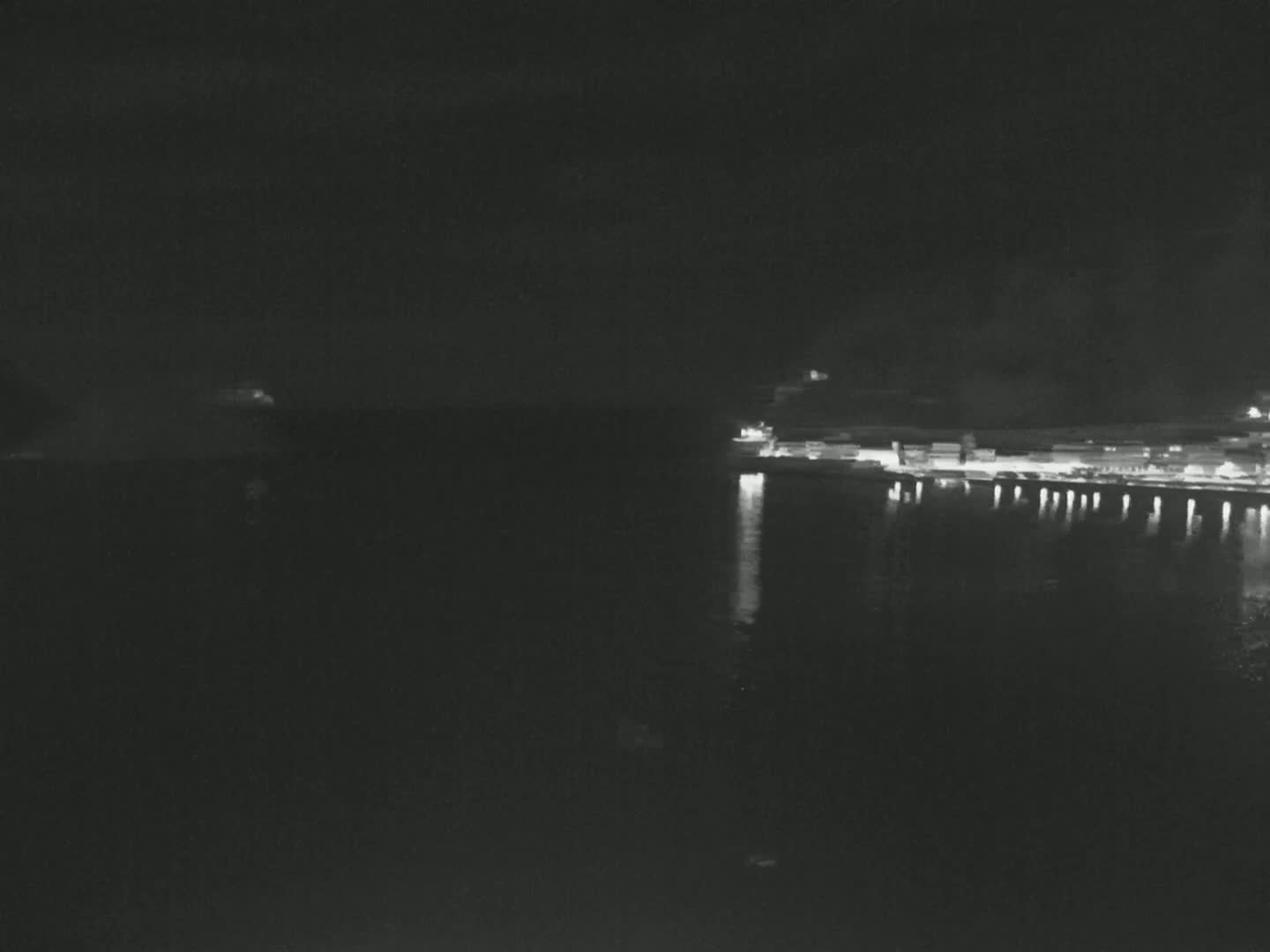 A nighttime view of a calm body of water with a faintly lit shoreline in the distance.