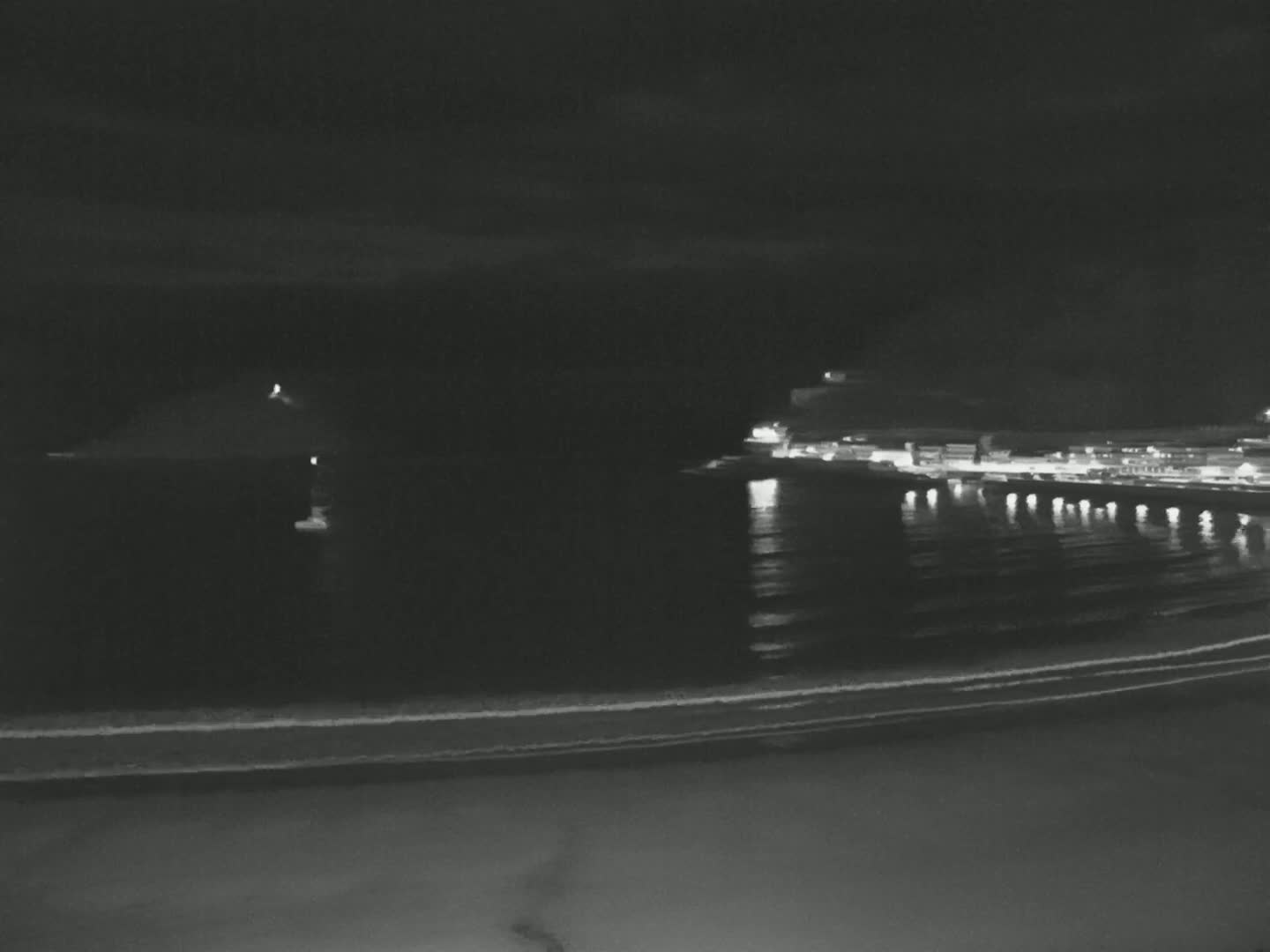 A dark nighttime beach scene shows a calm ocean reflecting the lights of a distant town, with a small island visible in the distance.