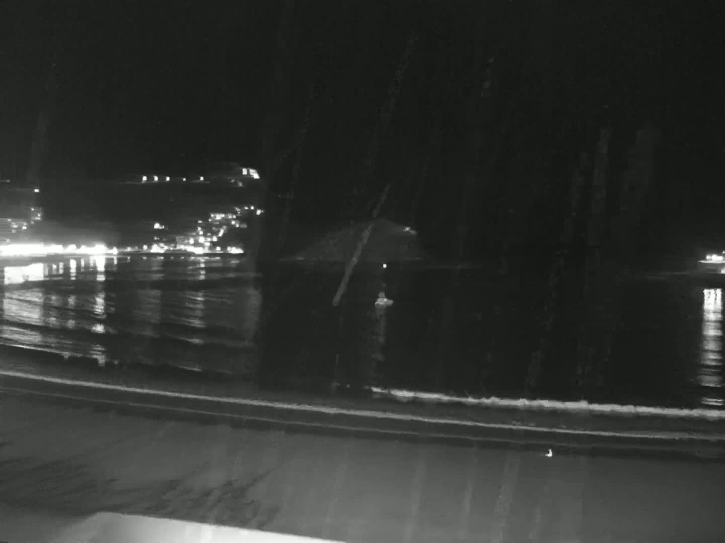 A nighttime view of a calm ocean reflecting city lights across the water, with a dark beach in the foreground.