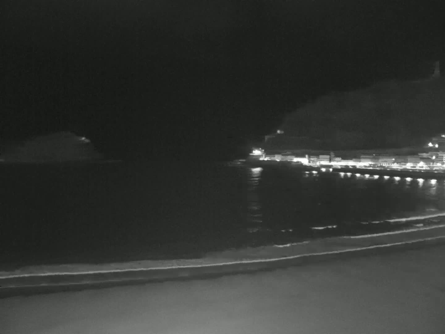 A dark, nighttime beach scene shows a calm ocean reflecting the lights of a town on a hillside across the water.