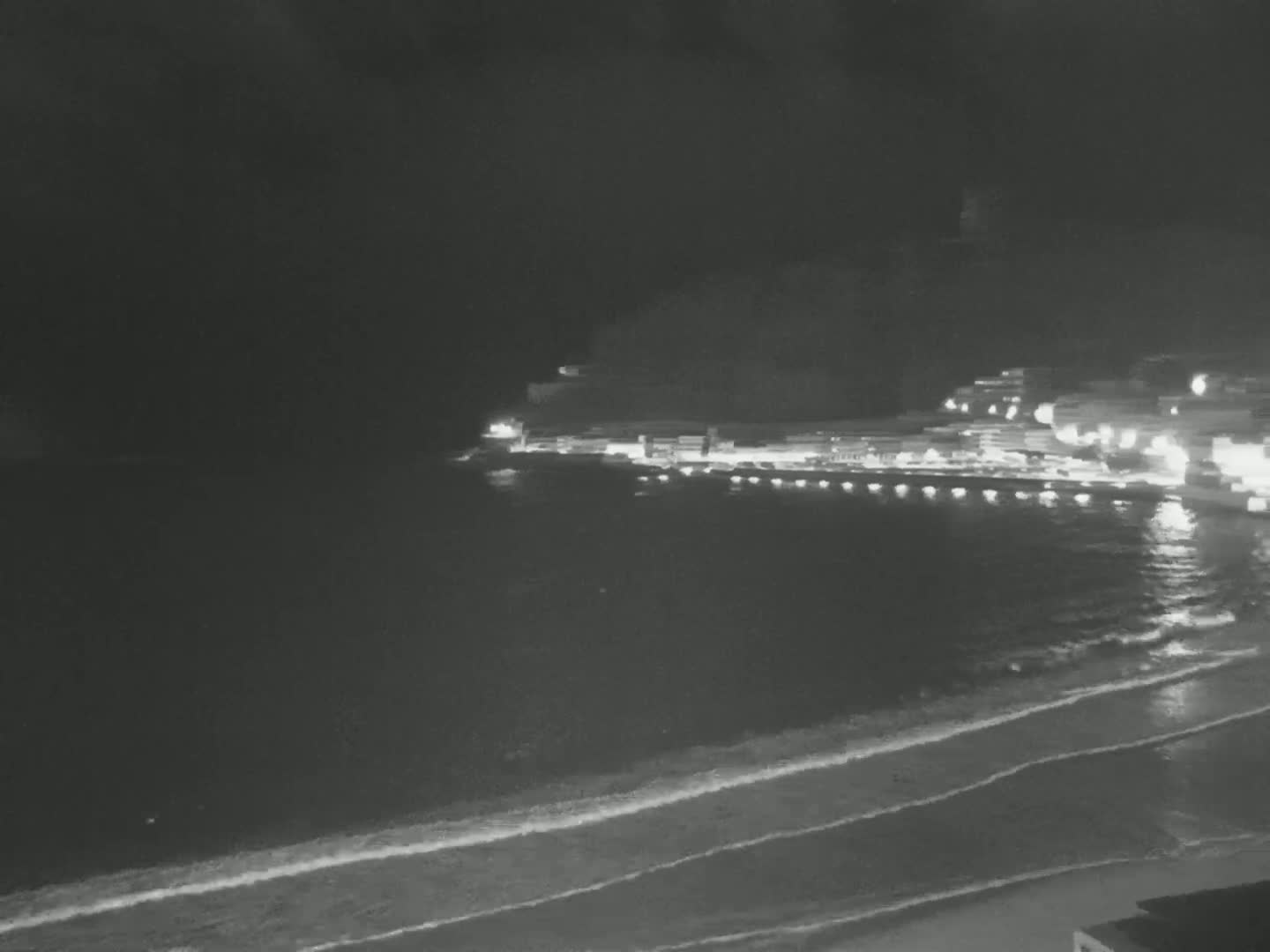 A nighttime view shows a dark, wavy ocean lapping at a sandy shore, with a line of illuminated buildings visible along the coast under a dark sky.