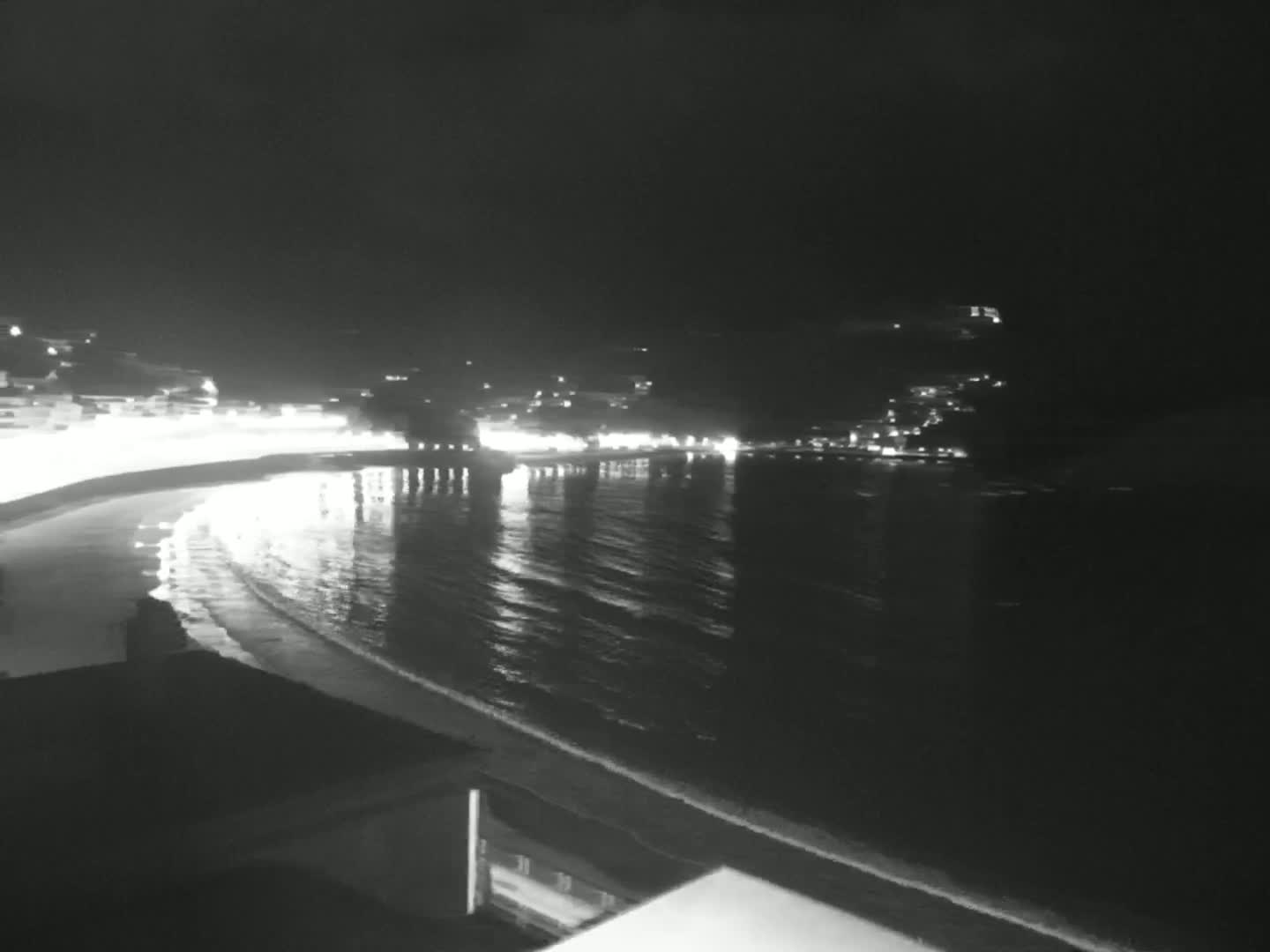 A nighttime, low-light view of a calm ocean beach with a dimly lit town visible in the distance.