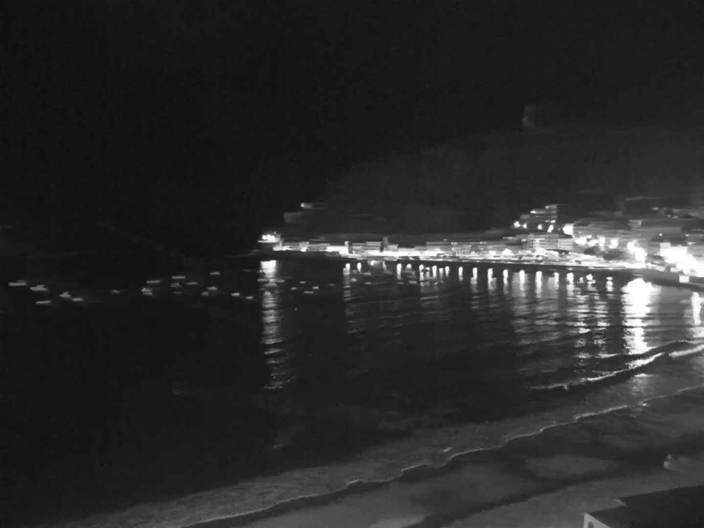 A nighttime view of a calm, dark ocean with a brightly lit town on a hill in the background.