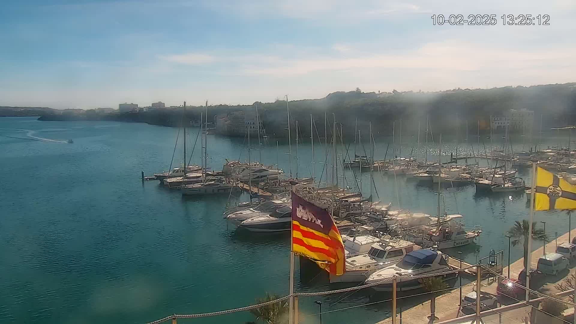 A marina filled with numerous sailboats and motorboats is nestled in a calm bay on a sunny day.