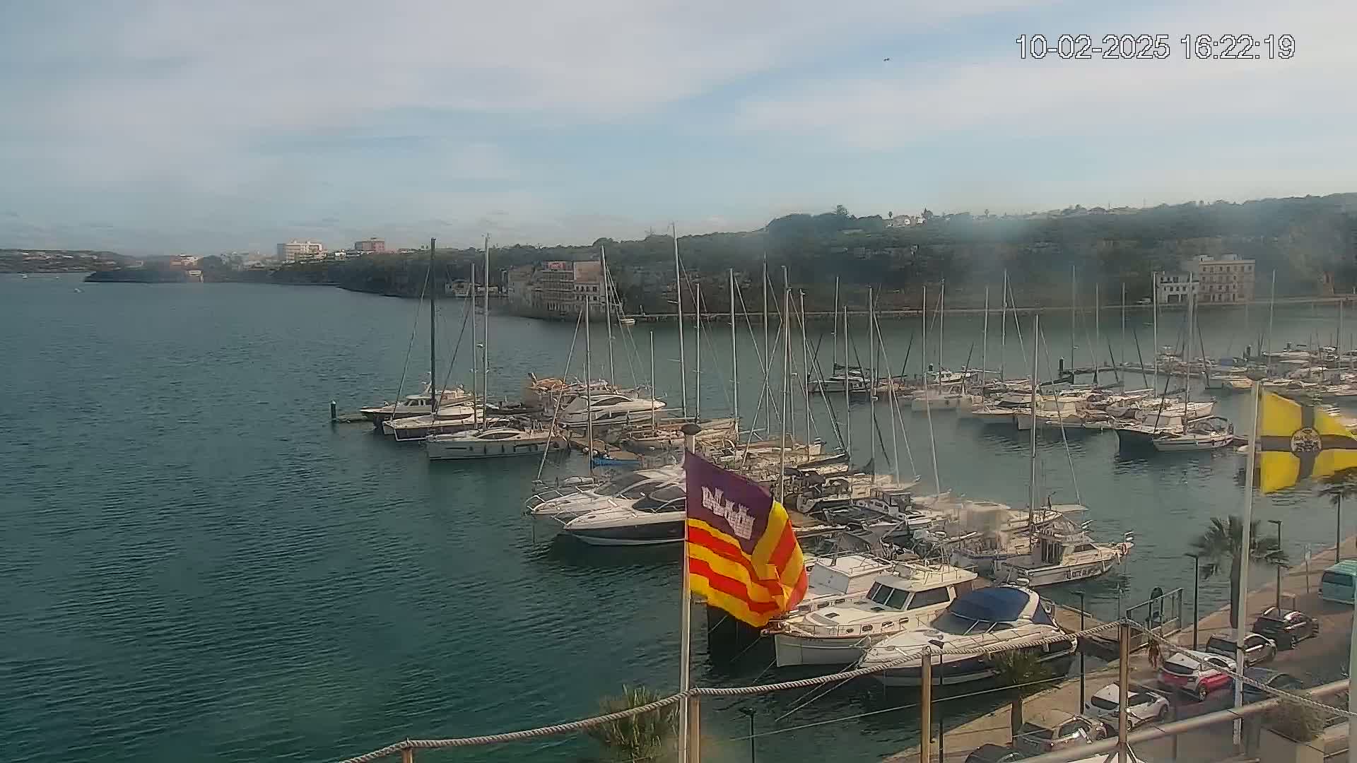 A marina filled with numerous boats and yachts is situated on calm, dark-blue water under a mostly clear sky.