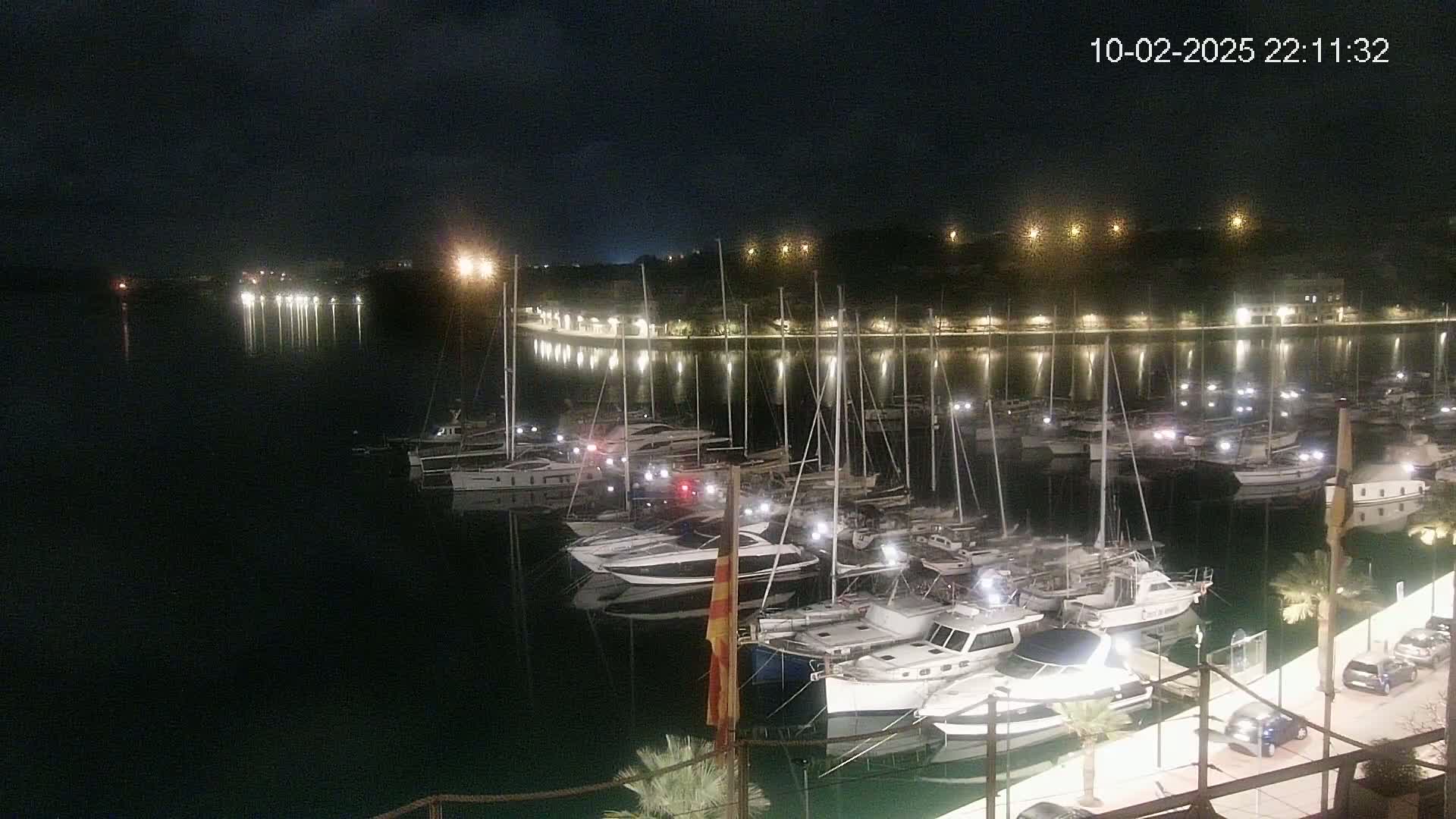 A marina filled with boats is illuminated at night under a dark, clear sky.