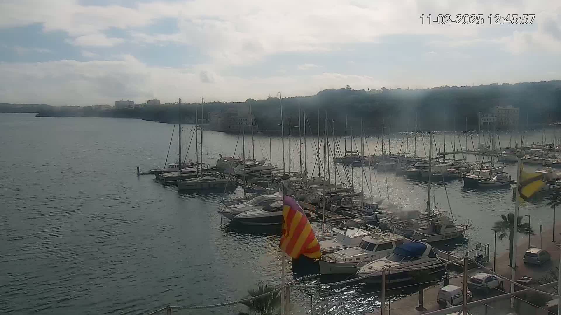A marina filled with numerous boats and yachts is seen on a partly cloudy day.