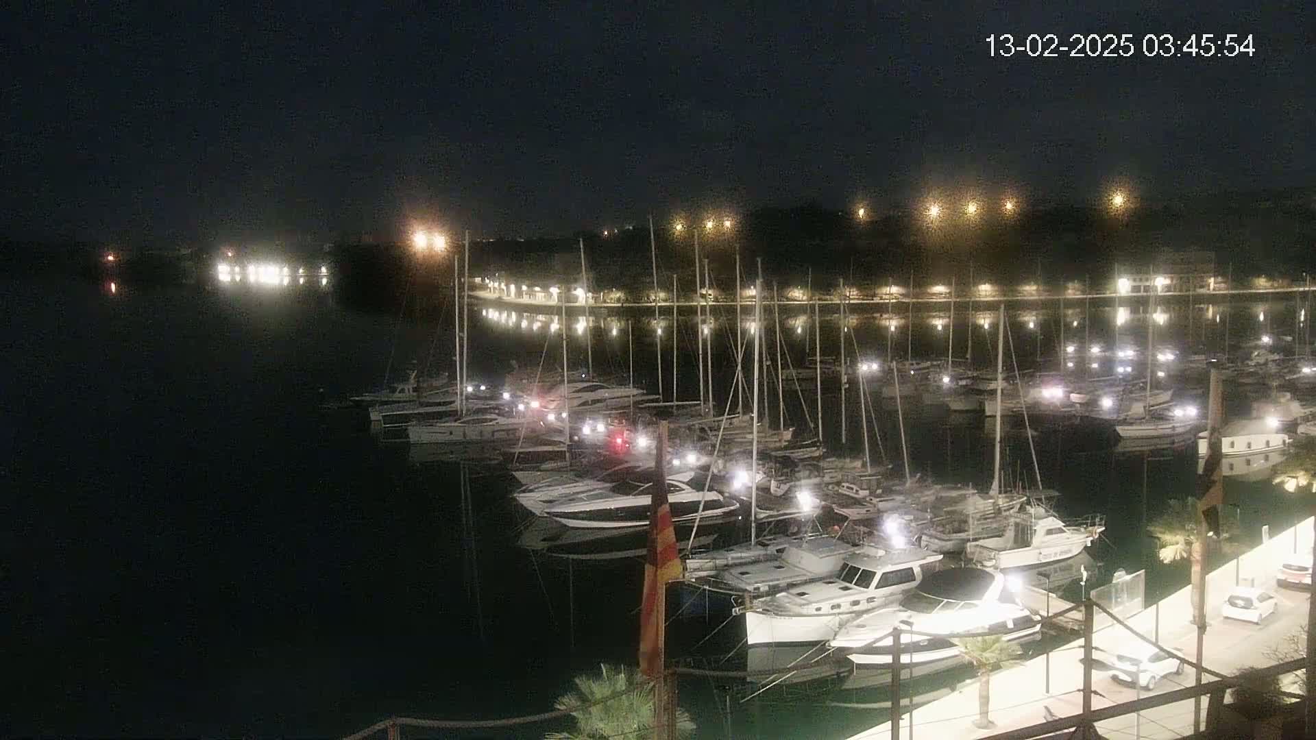 Many boats are moored in a marina at night under a clear, dark sky.