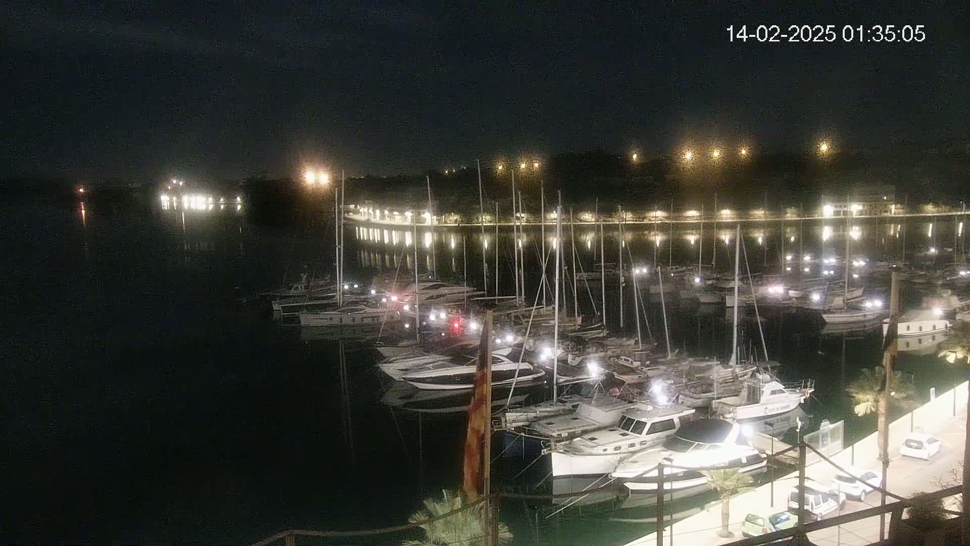 A marina filled with numerous boats at night, illuminated by lights along the shore and on the boats themselves, under a clear, dark sky.