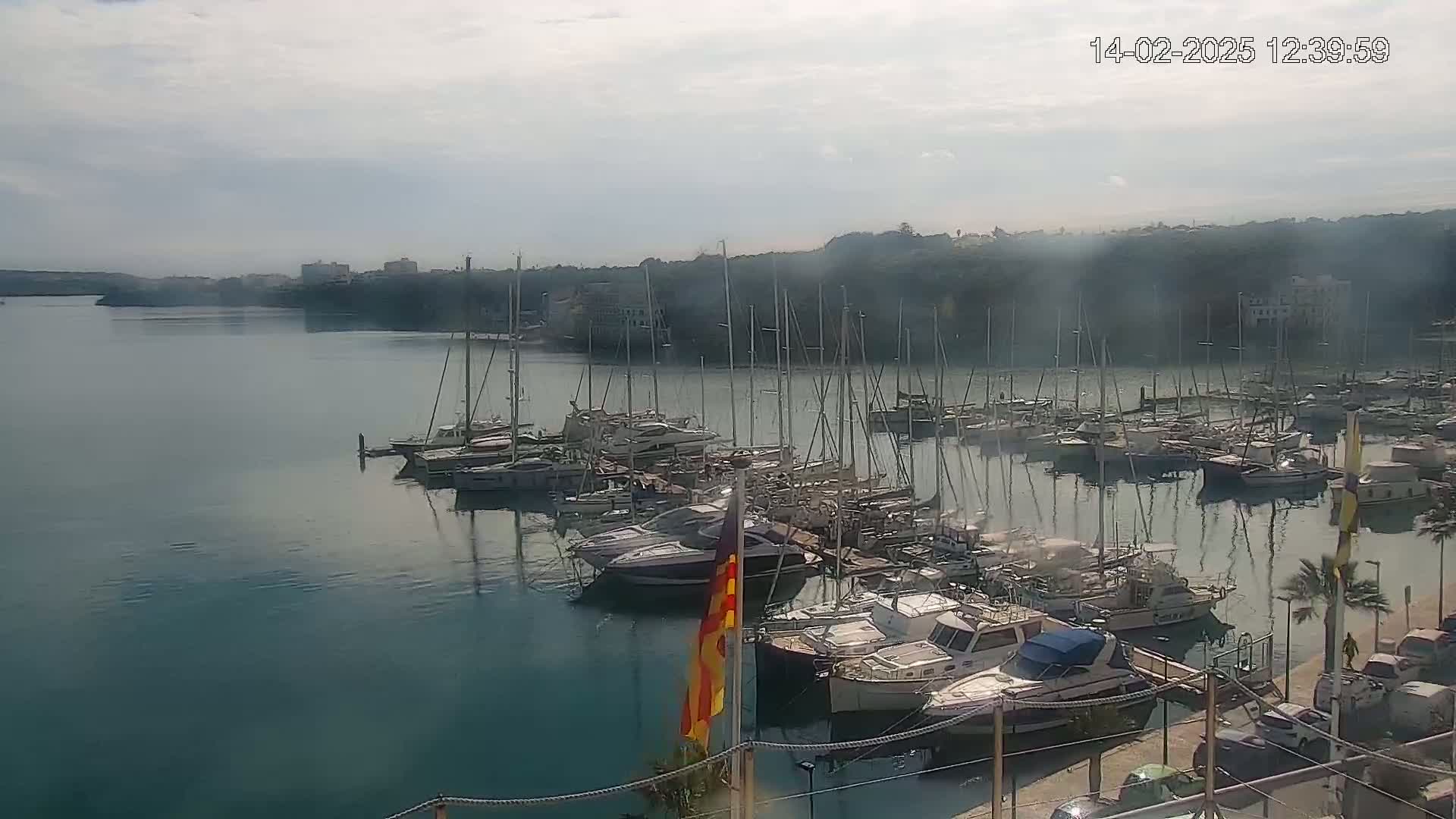 A marina filled with numerous sailboats and motorboats is nestled in a calm bay under a mostly cloudy sky.