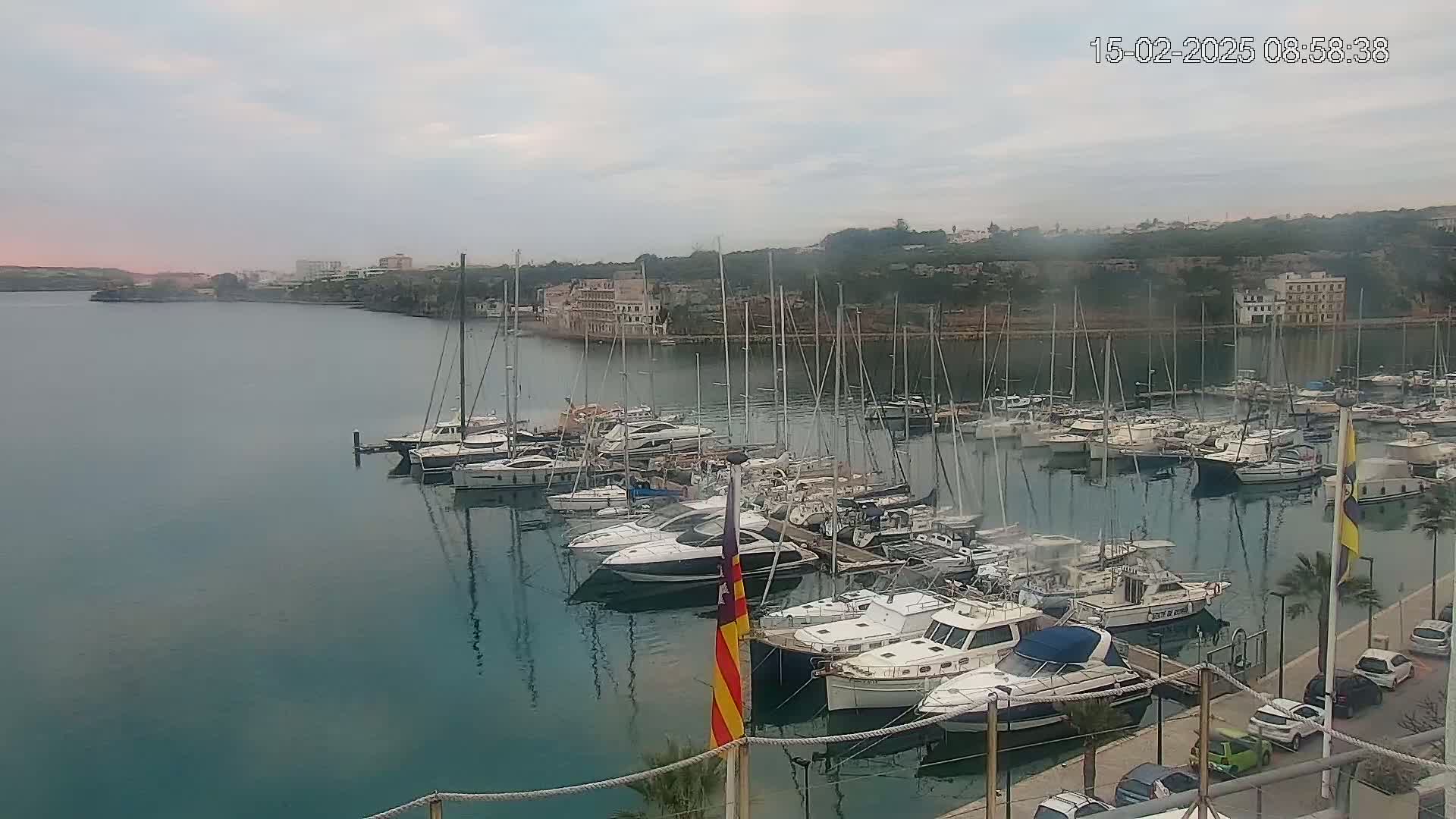 A calm harbor filled with numerous sailboats and motorboats under an overcast sky.
