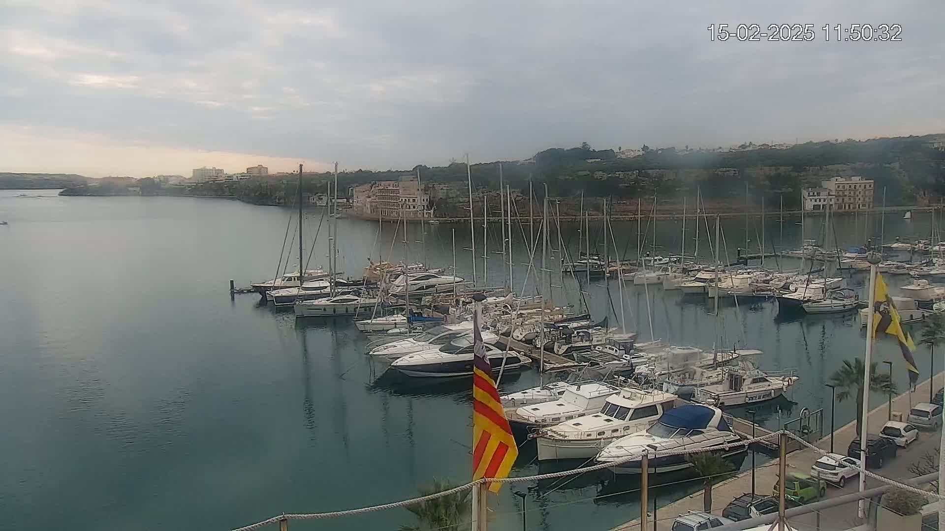 A marina filled with numerous sailboats and motorboats is seen on an overcast day, with calm water reflecting the boats and buildings along the shoreline.