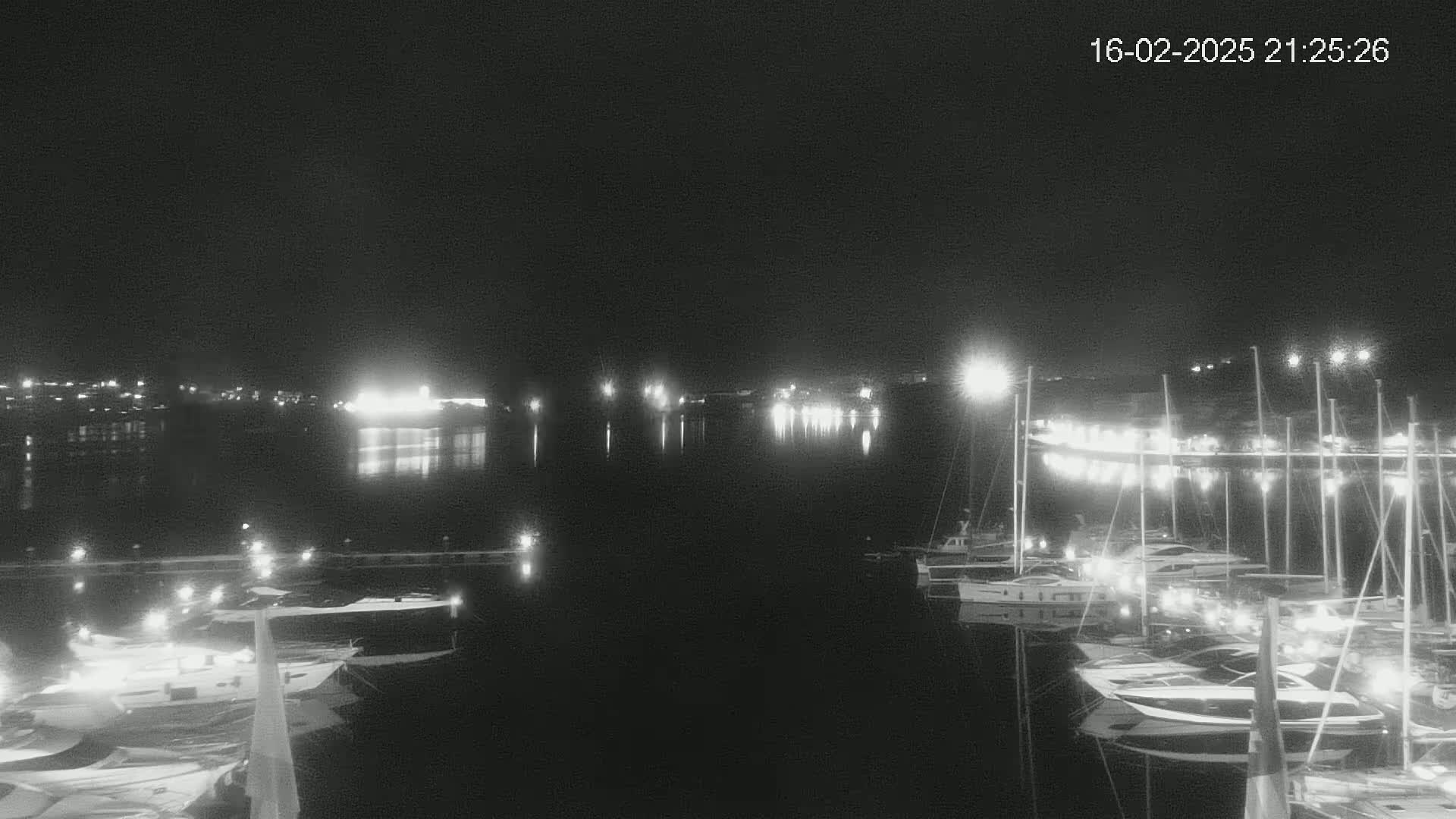 A nighttime view of a marina with many boats docked, and a town with lights across the water.