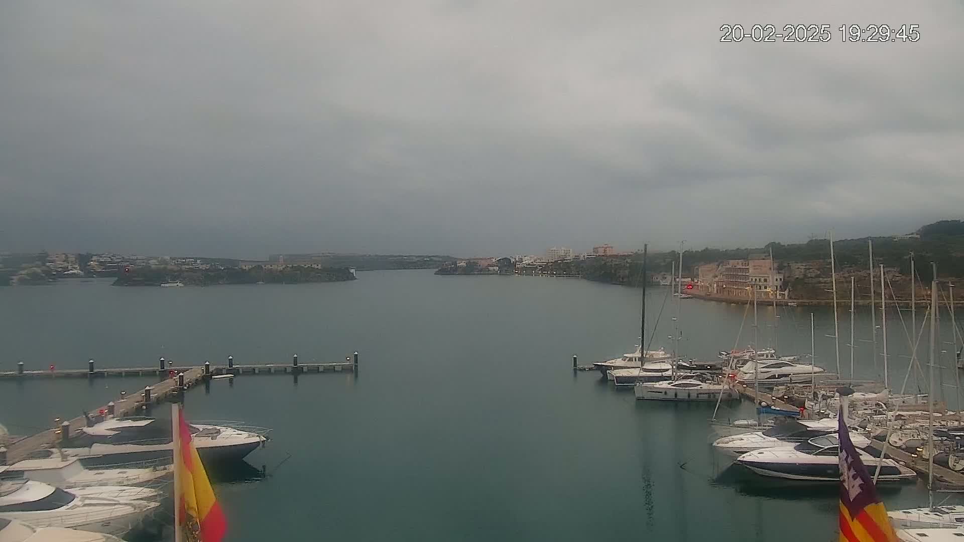A marina filled with boats is shown on a calm, overcast day, with a town visible in the distance across the water.
