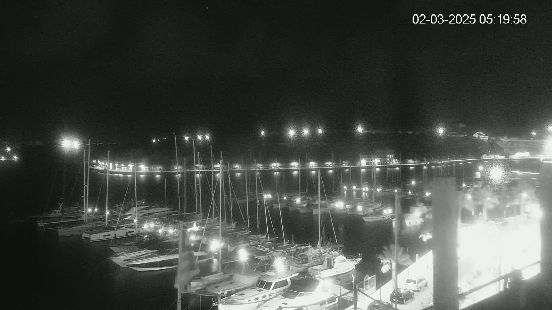 A nighttime, low-light view of a marina filled with numerous boats, illuminated by dock lights under a clear, dark sky.