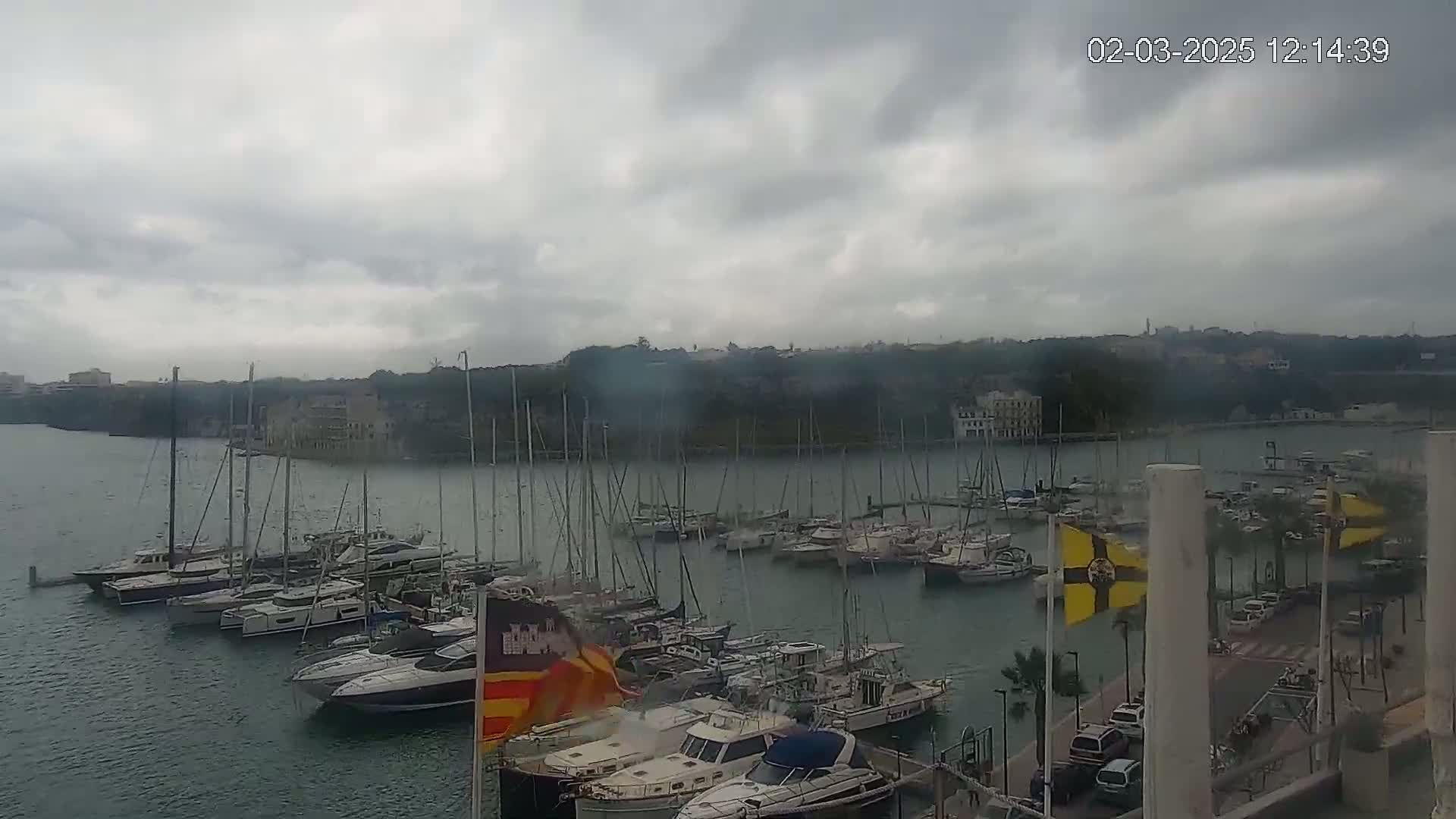 A marina filled with numerous sailboats and motorboats is visible under an overcast sky.