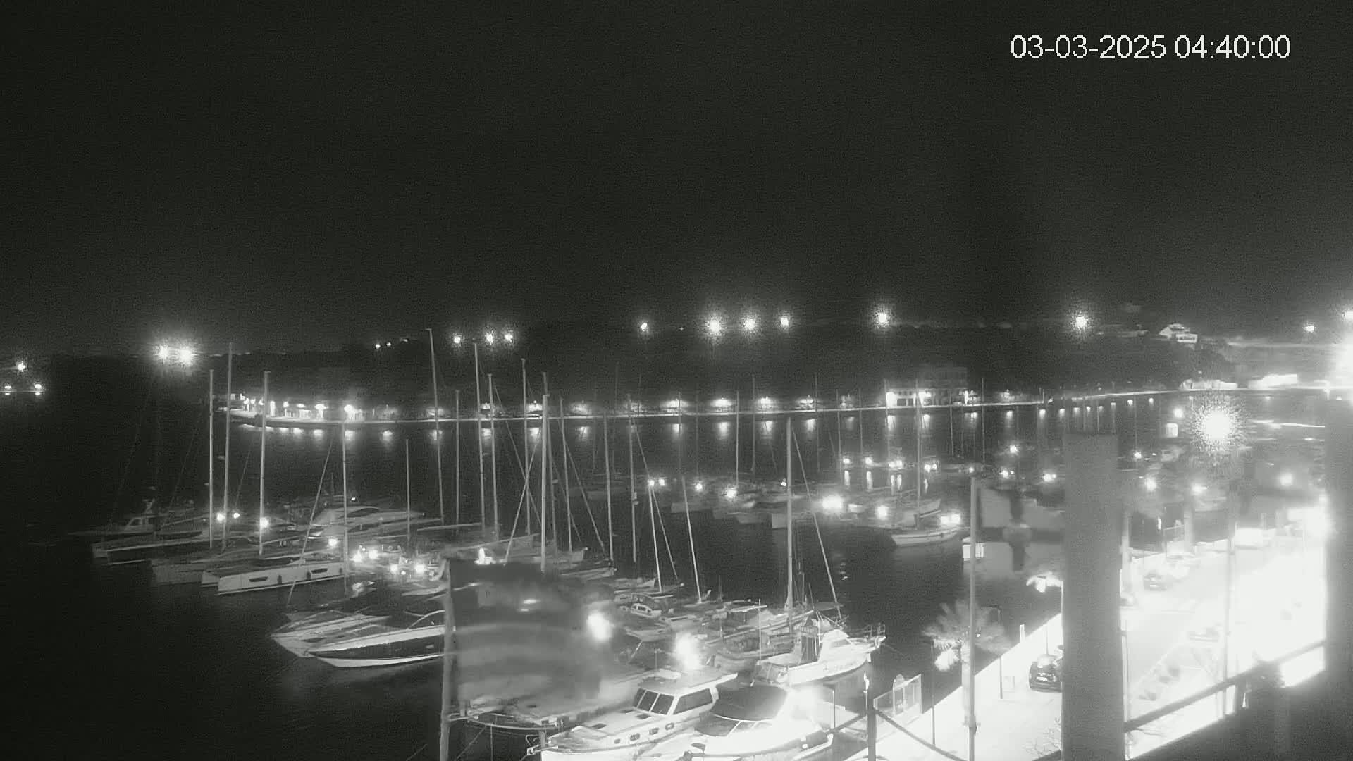 A nighttime, black-and-white view of a marina filled with numerous boats, illuminated by lights along the waterfront.