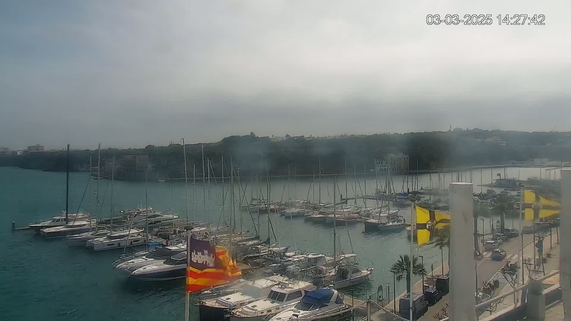 A marina filled with numerous sailboats and motorboats is seen on a hazy day.