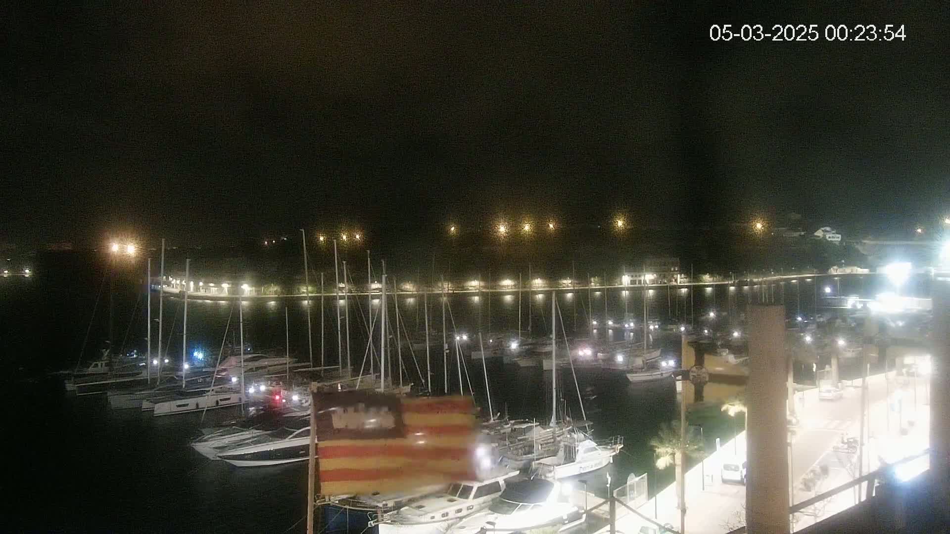 A nighttime view of a marina filled with numerous boats and yachts under a dark, clear sky.