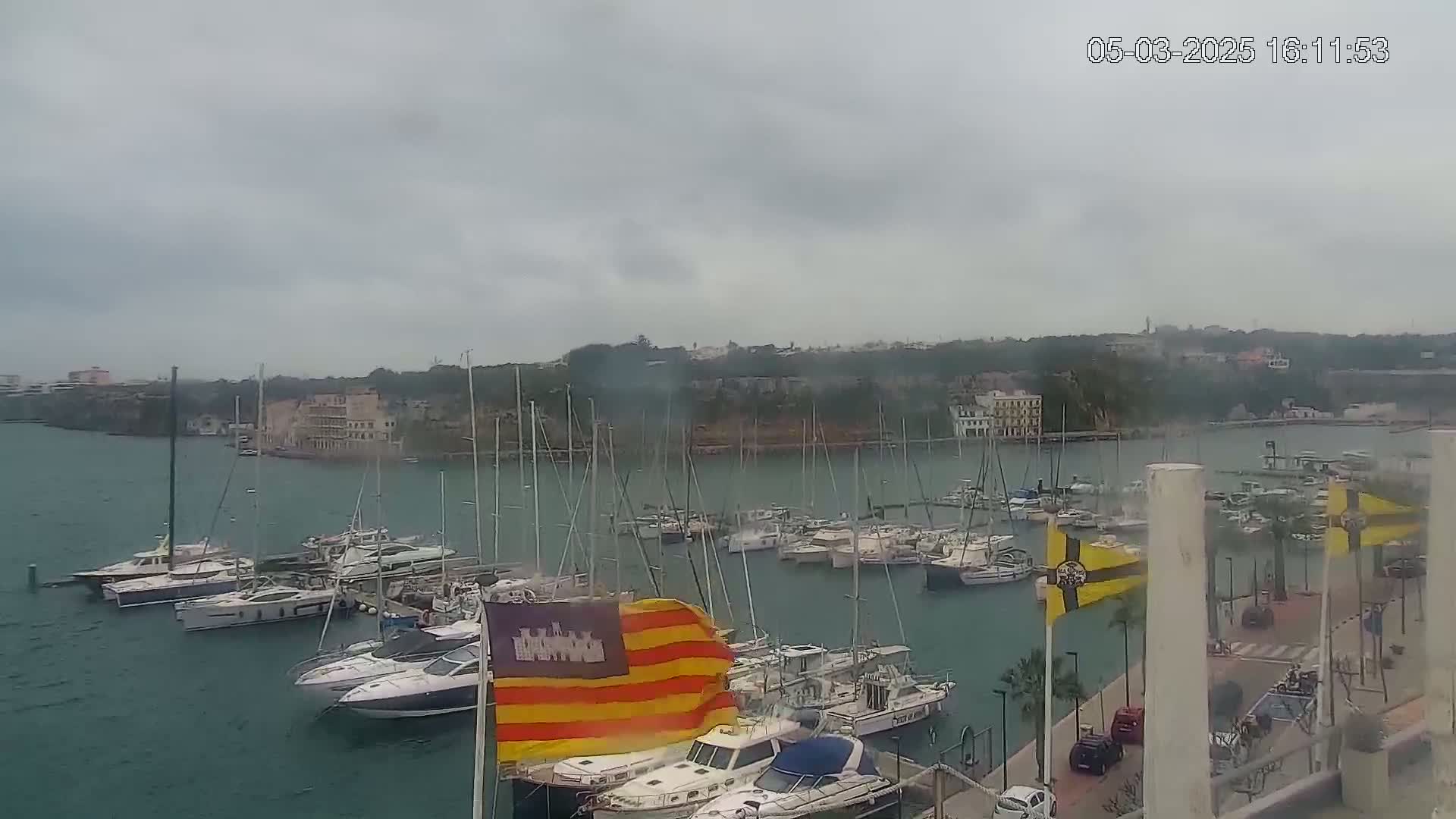 A harbor filled with numerous sailboats and motorboats is visible under an overcast sky.