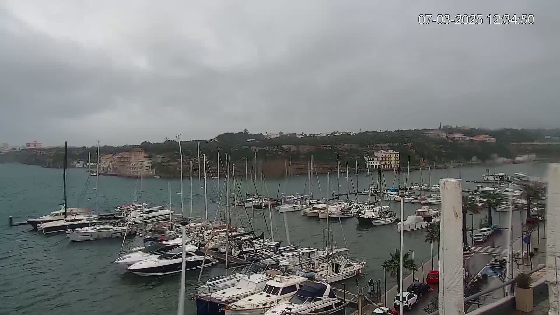 A harbor filled with numerous sailboats and motorboats is shown under an overcast sky.
