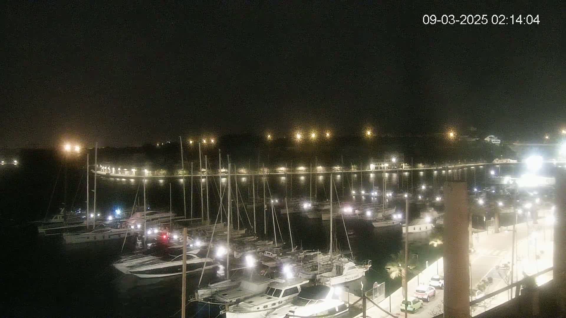 A nighttime view of a marina filled with docked sailboats and motorboats, illuminated by lights along the waterfront under a clear, dark sky.