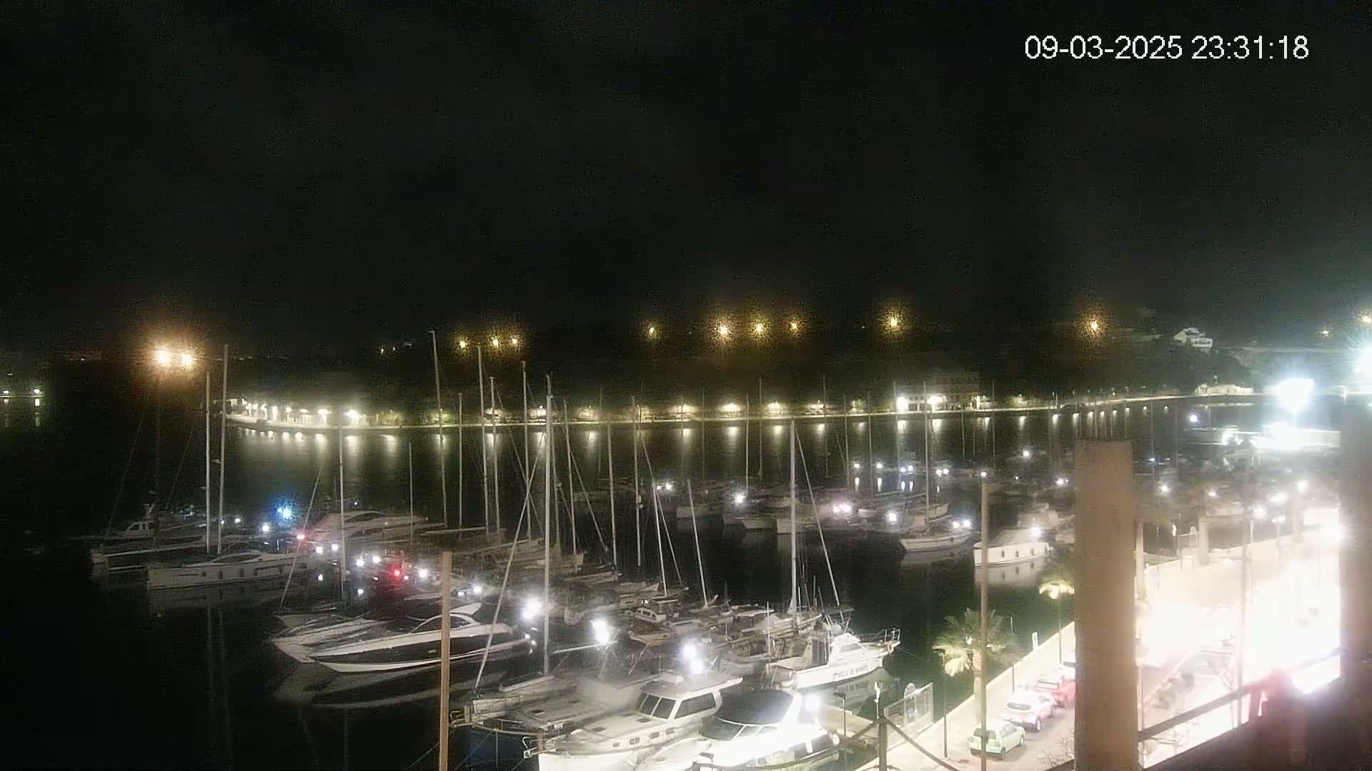 A nighttime view of a marina filled with boats, illuminated by lights along a shoreline under a clear, dark sky.